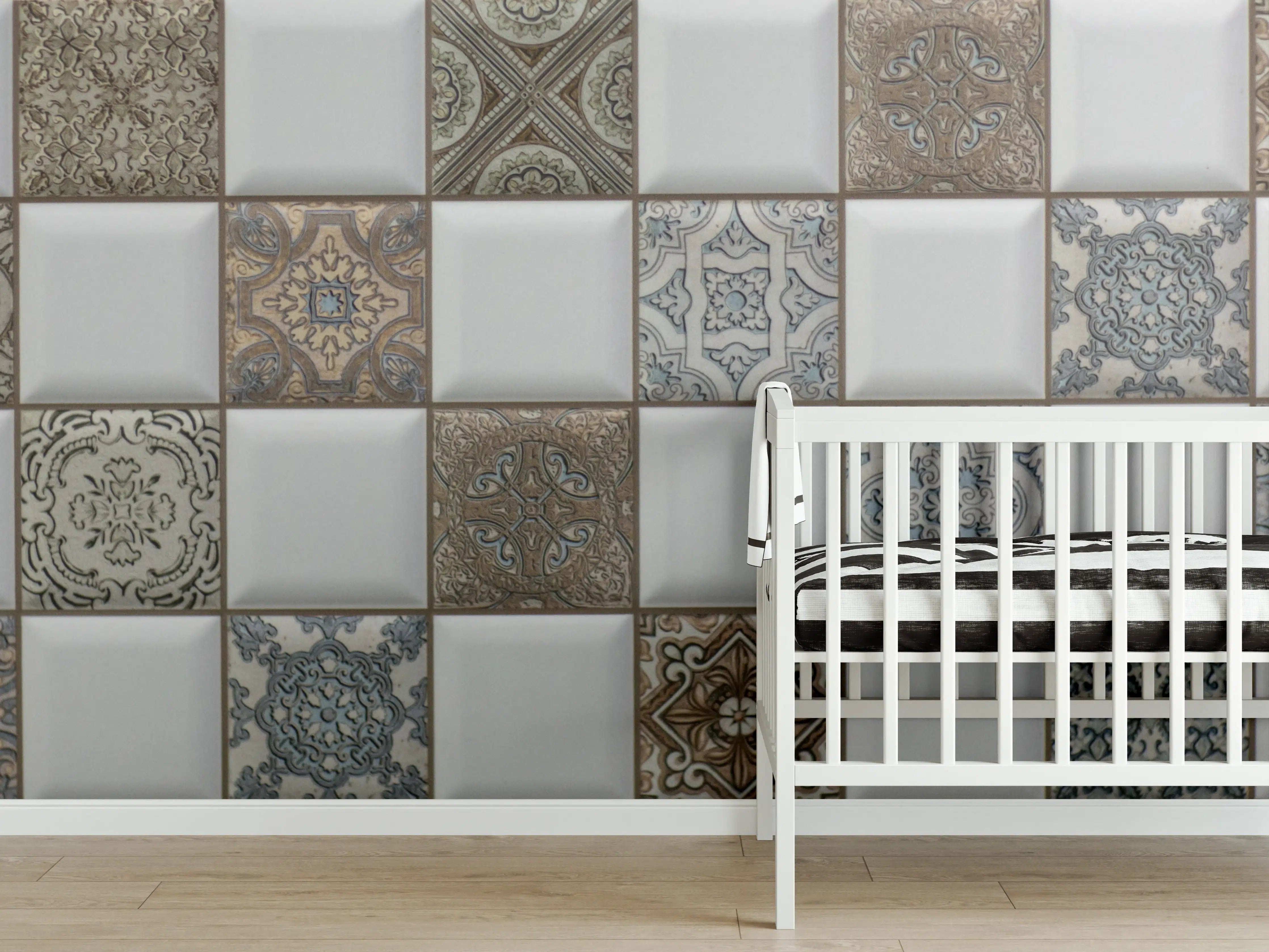 Babyzimmer Wandgestaltung - Helle Mosaikwand mit braunen und blauen Mustern