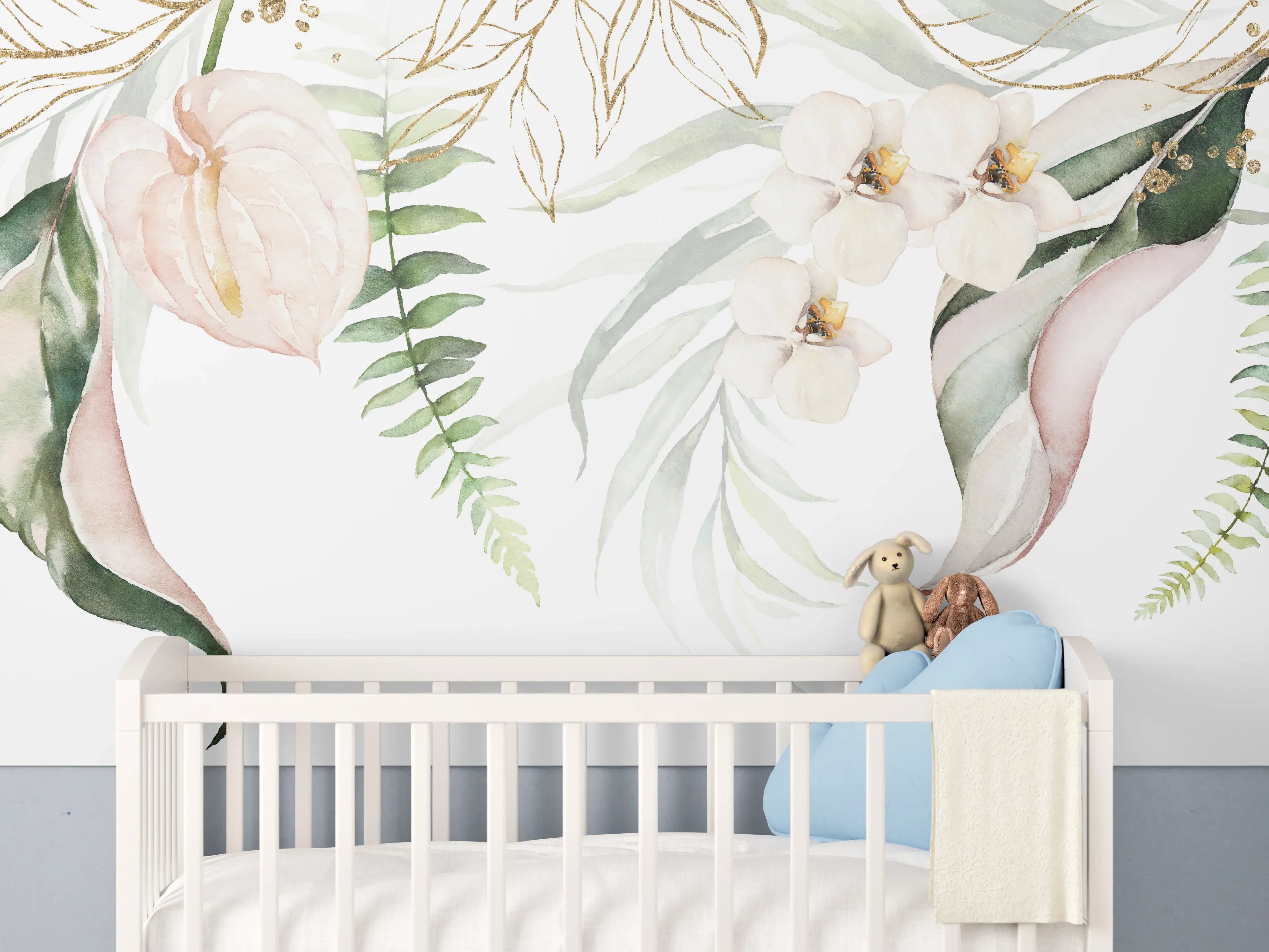 Babyzimmer Wandgestaltung - Helle exotische Pflanzen