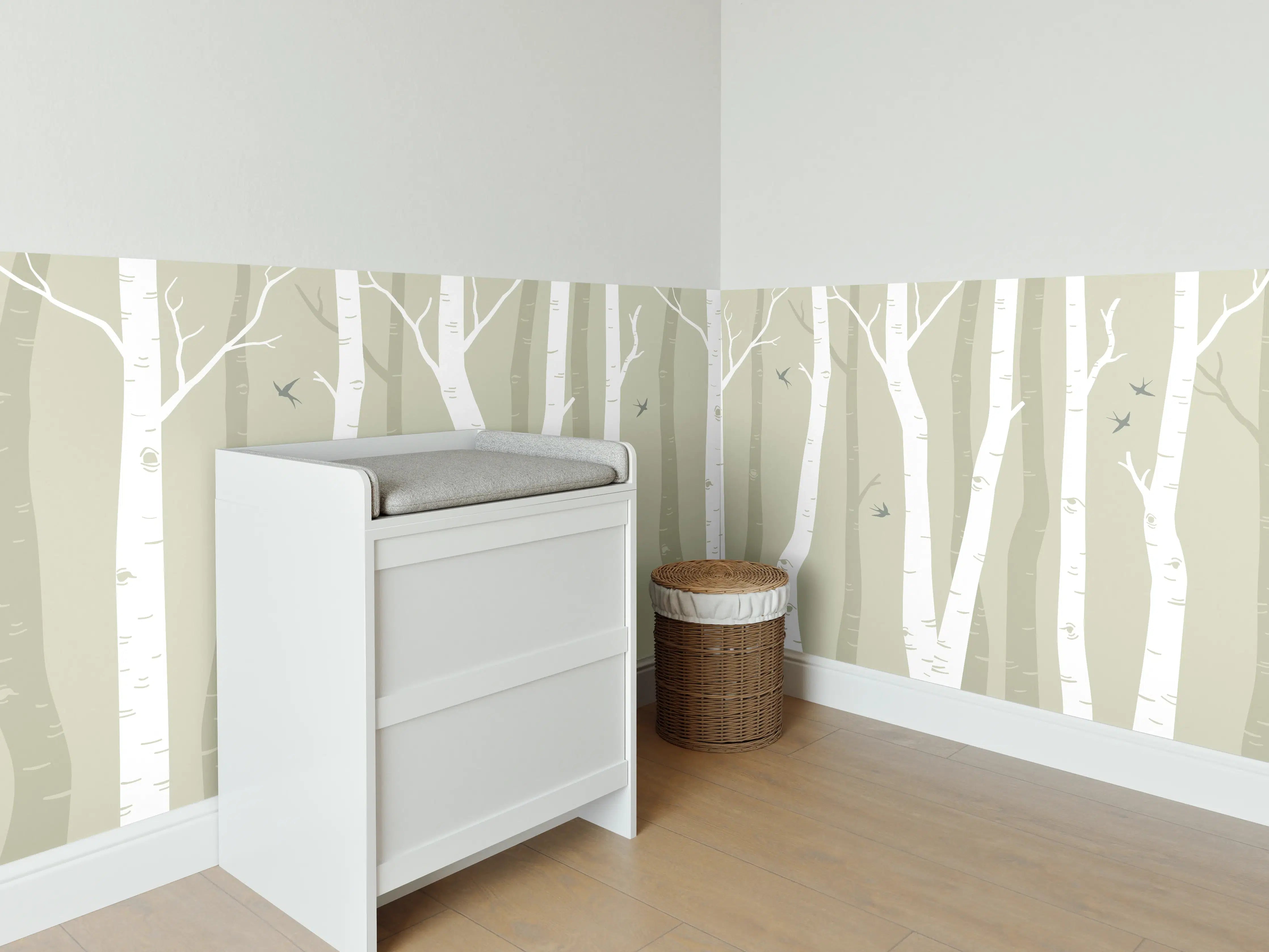 Babyzimmer Wandgestaltung - Heller Birkenwald in sanften Grüntönen