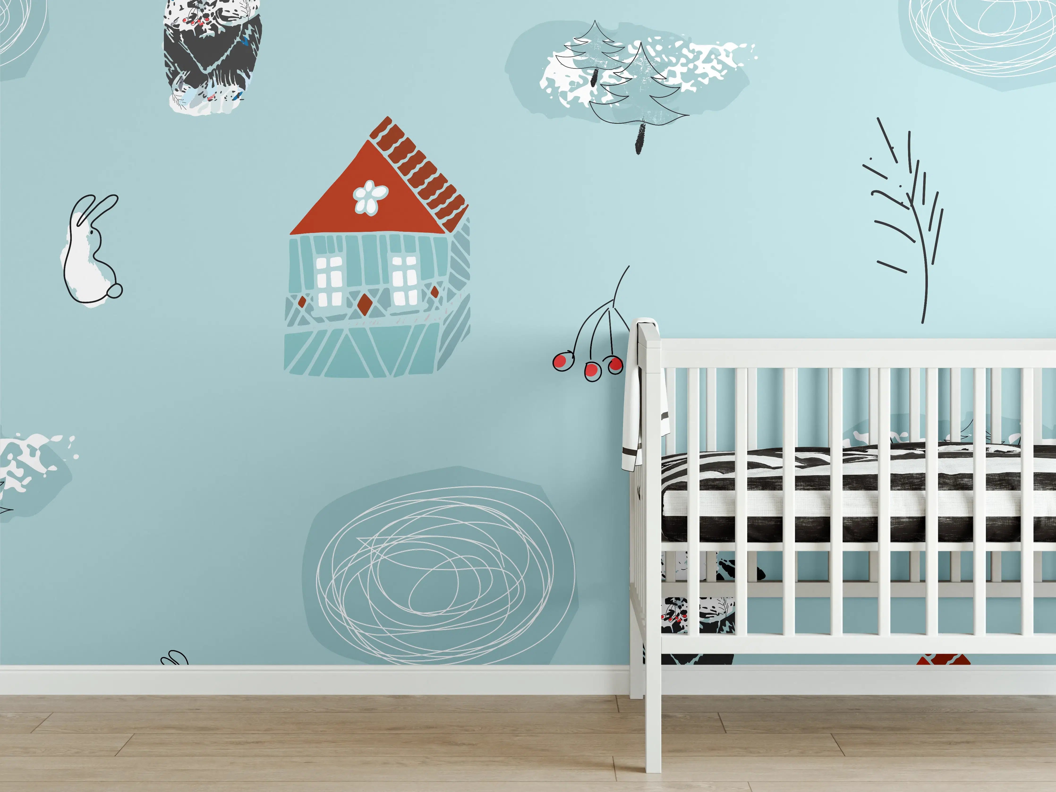 Babyzimmer Wandgestaltung - Helles Wintermuster mit Bär und Haus
