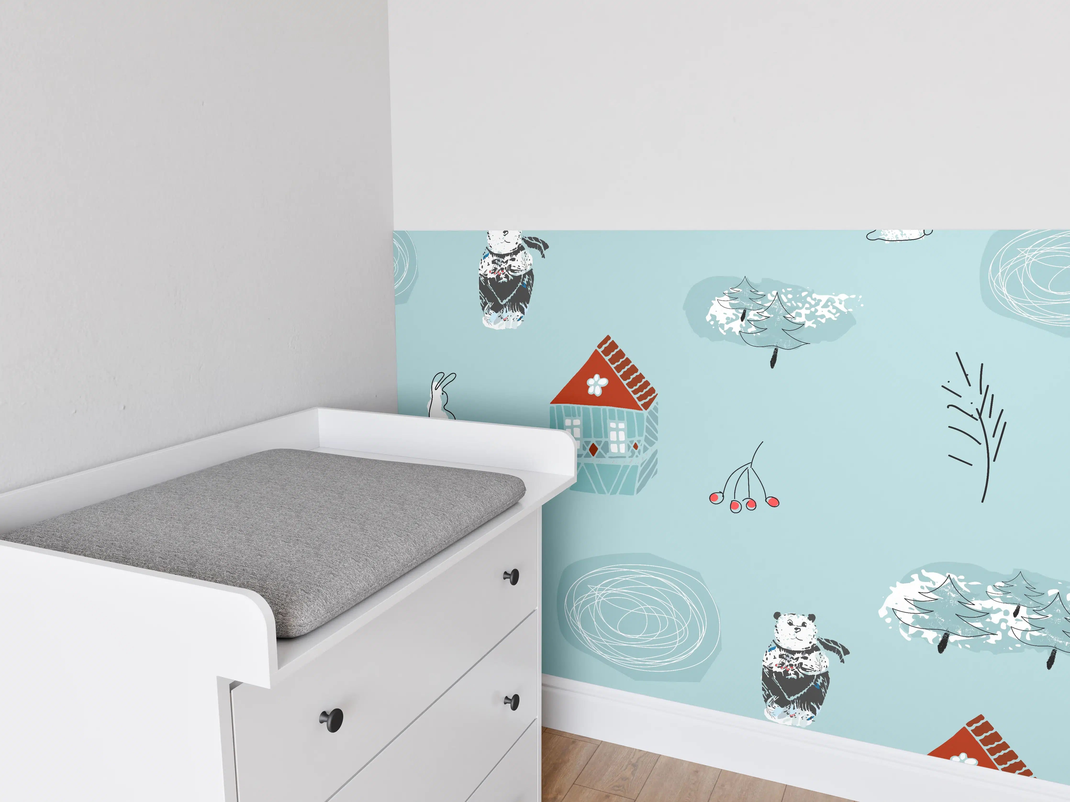 Babyzimmer Wandgestaltung - Helles Wintermuster mit Bär und Haus