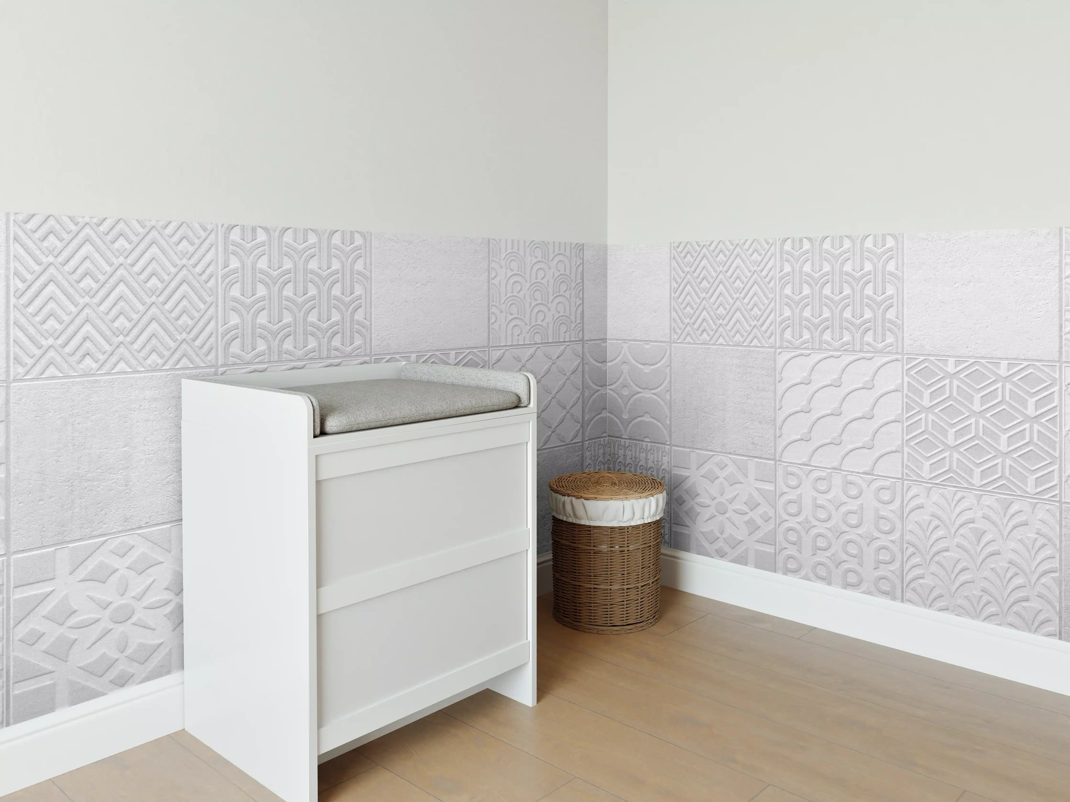 Babyzimmer Wandgestaltung - Hellgraue quadratische Mosaik