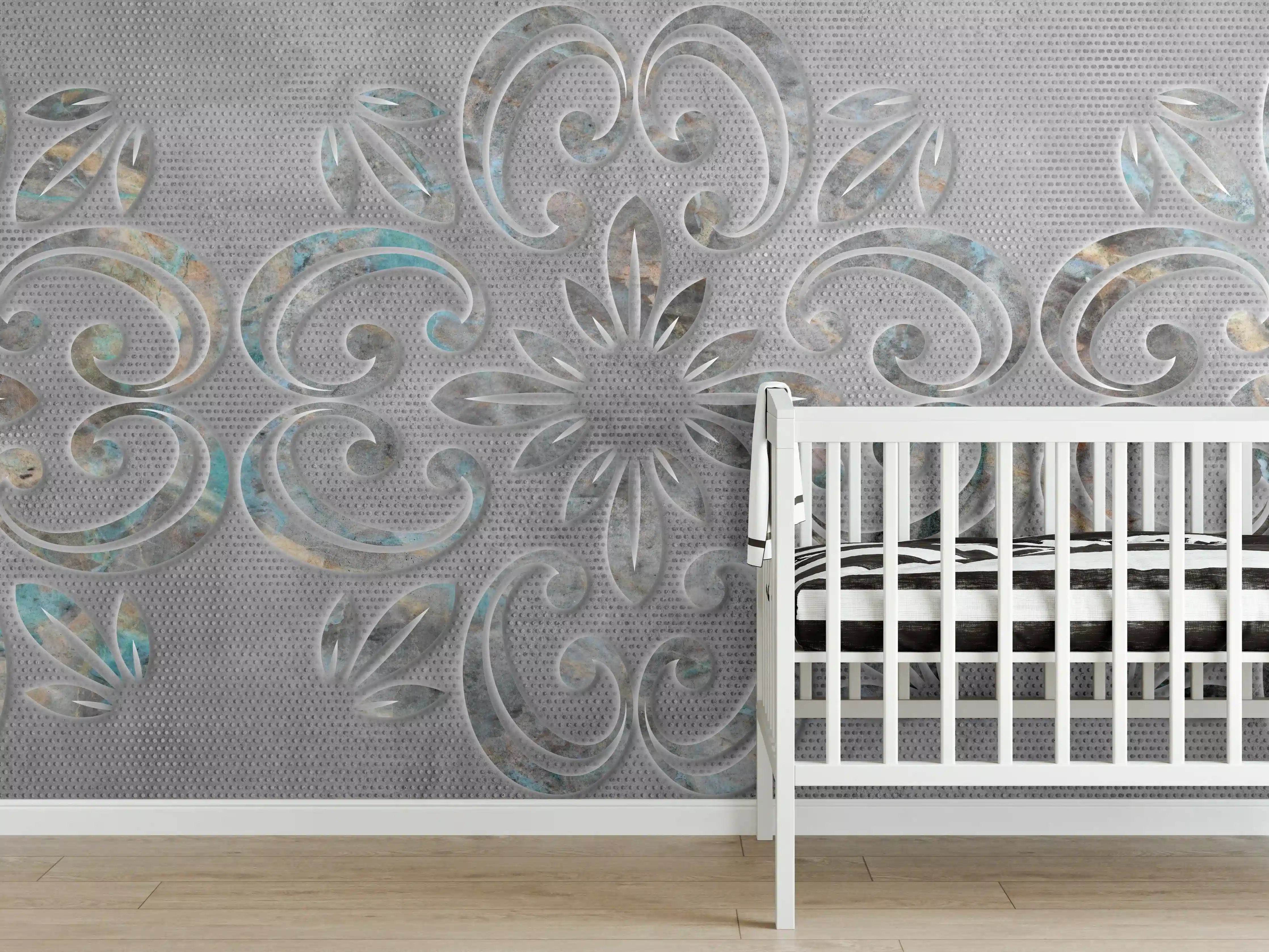 Babyzimmer Wandgestaltung - Helltürkisene, filigrane Mustervorlage