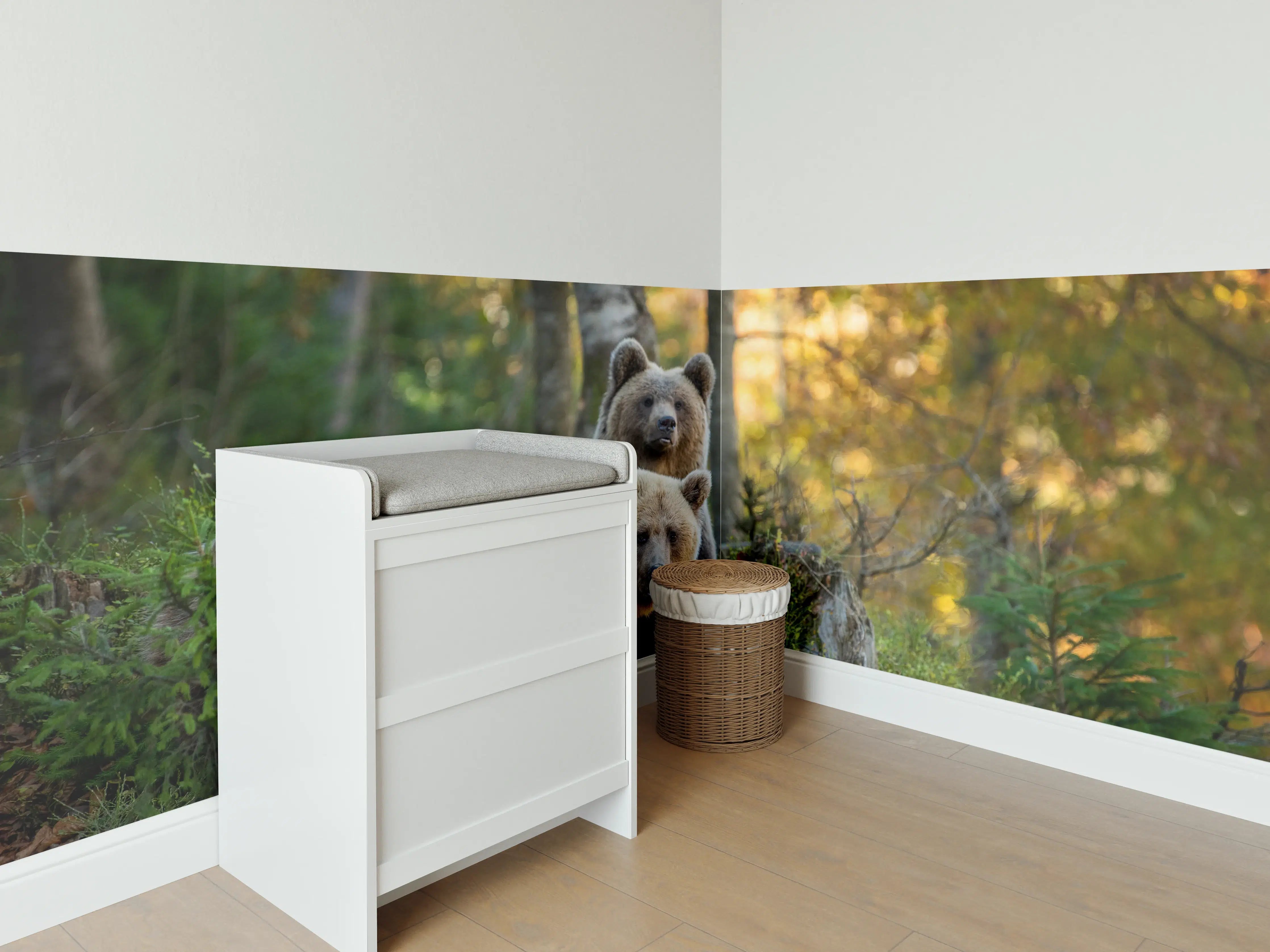 Babyzimmer Wandgestaltung - Herbstlicher Braunbär im Wald