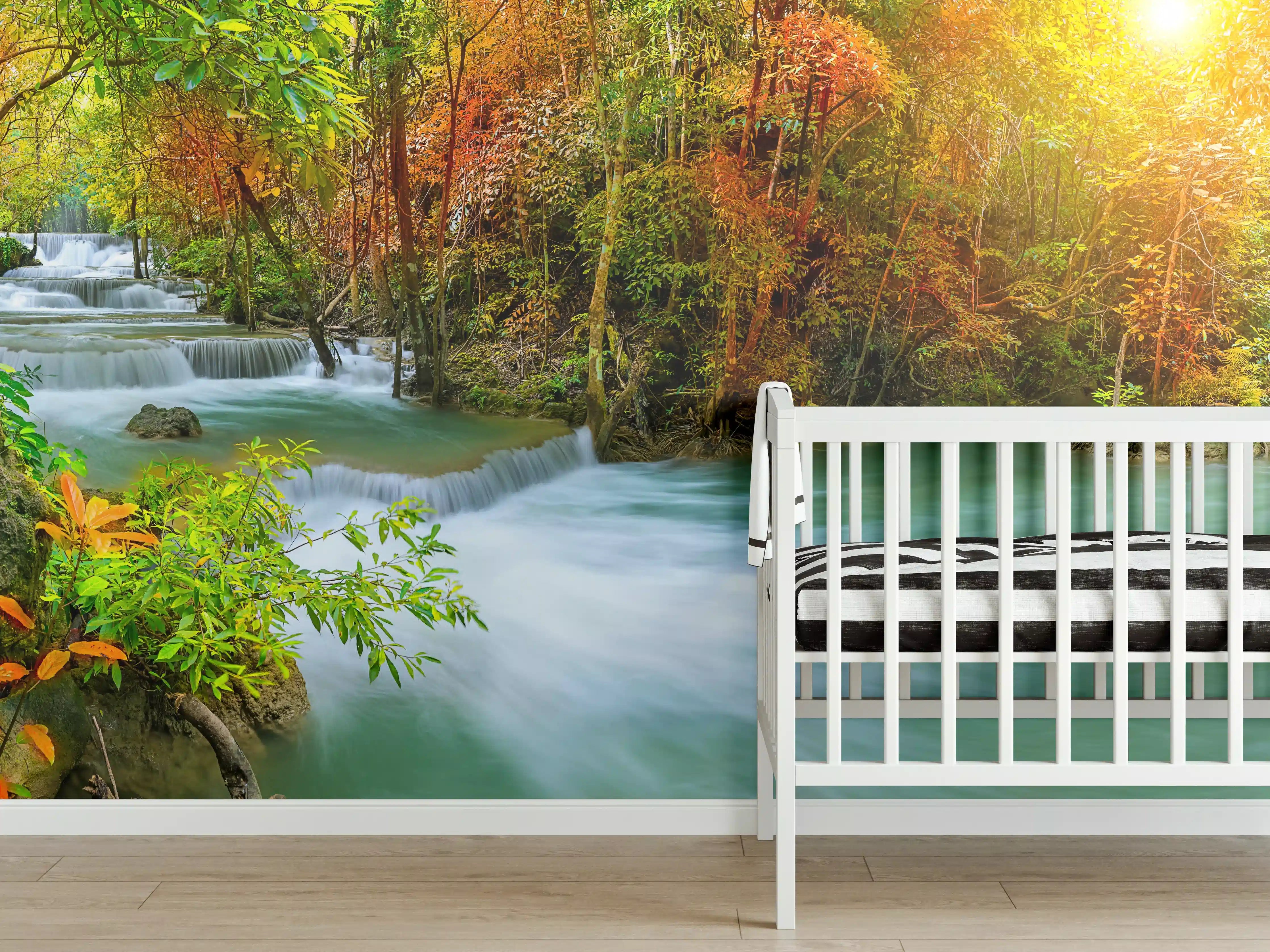 Babyzimmer Wandgestaltung - Herbstlicher Türkis-Wasserfall