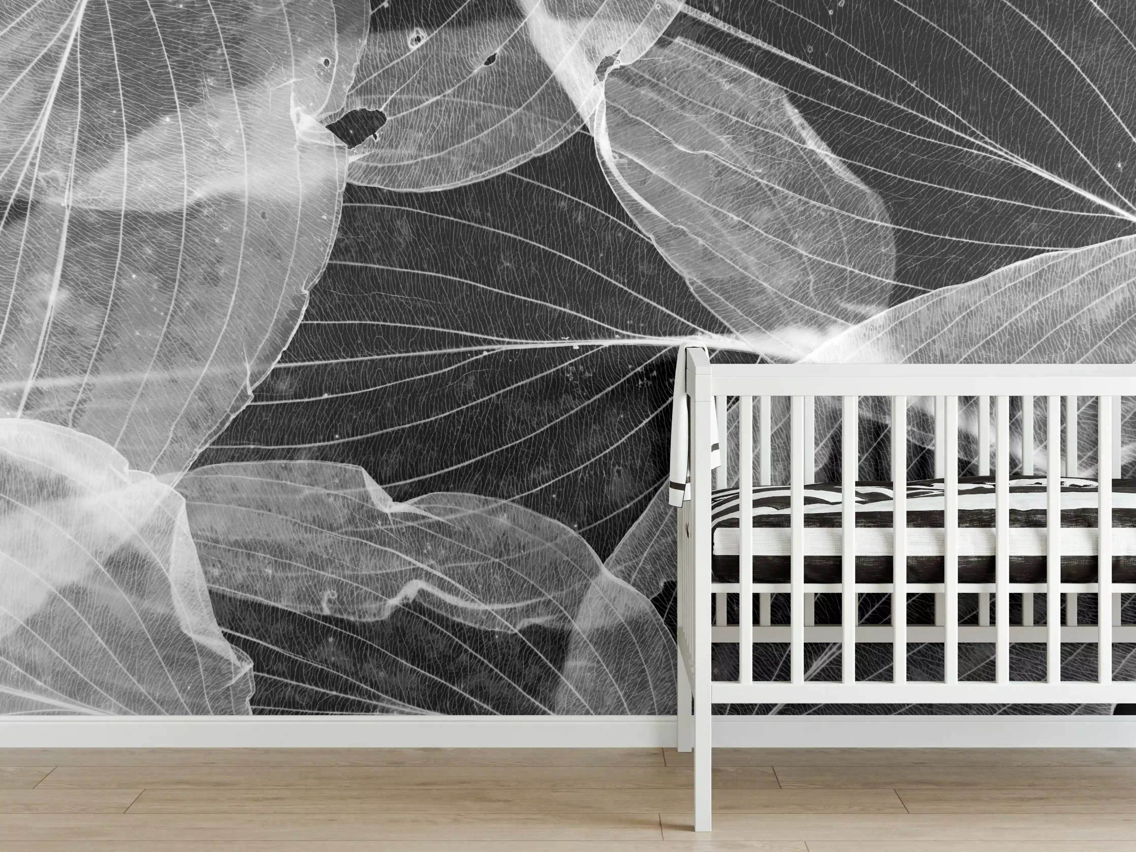 Babyzimmer Wandgestaltung - Herbstliches Blatt Schwarz-Weiß Makro