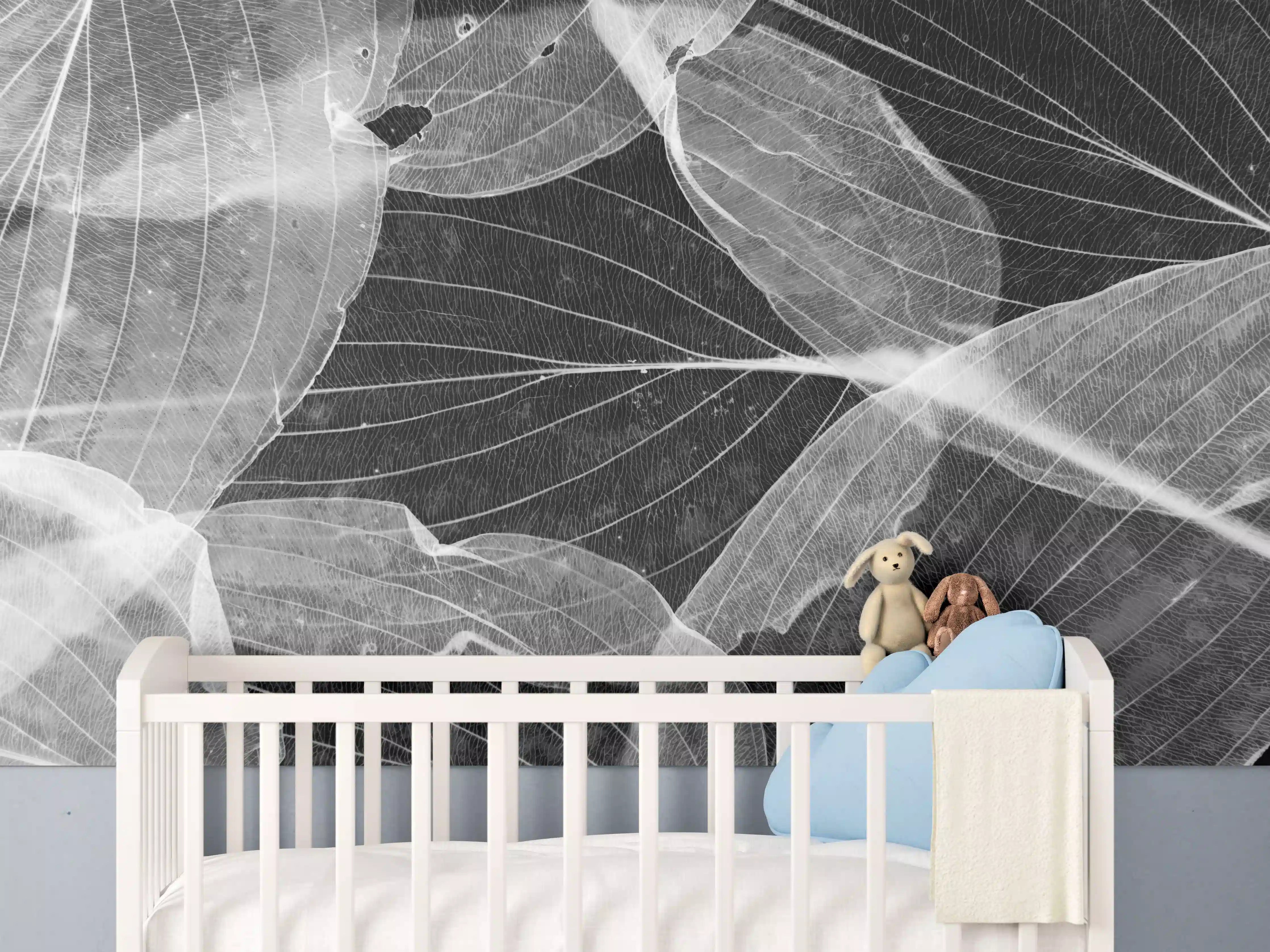 Babyzimmer Wandgestaltung - Herbstliches Blatt Schwarz-Weiß Makro