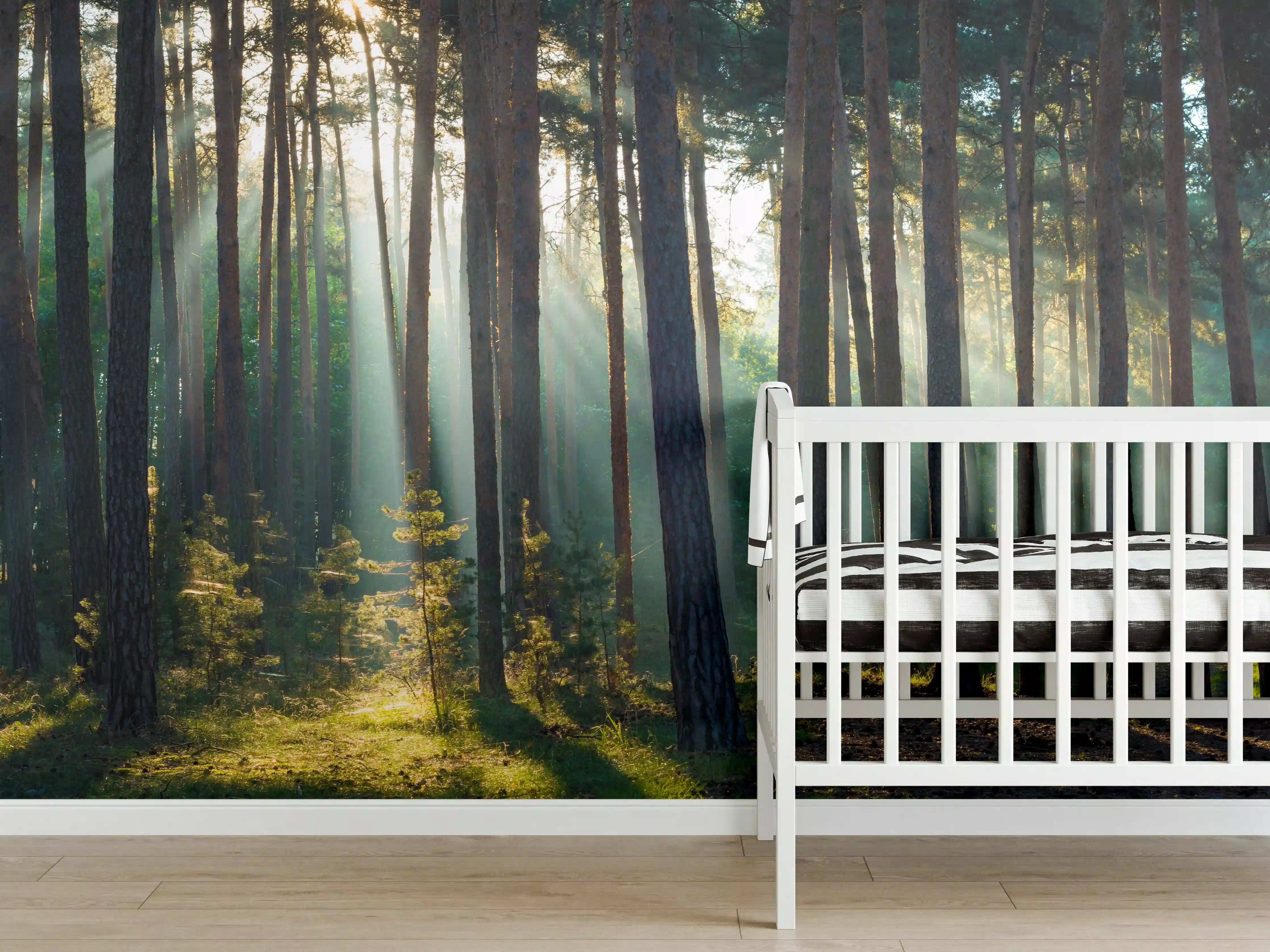 Babyzimmer Wandgestaltung - Herbstwald mit Sonnenstrahlen
