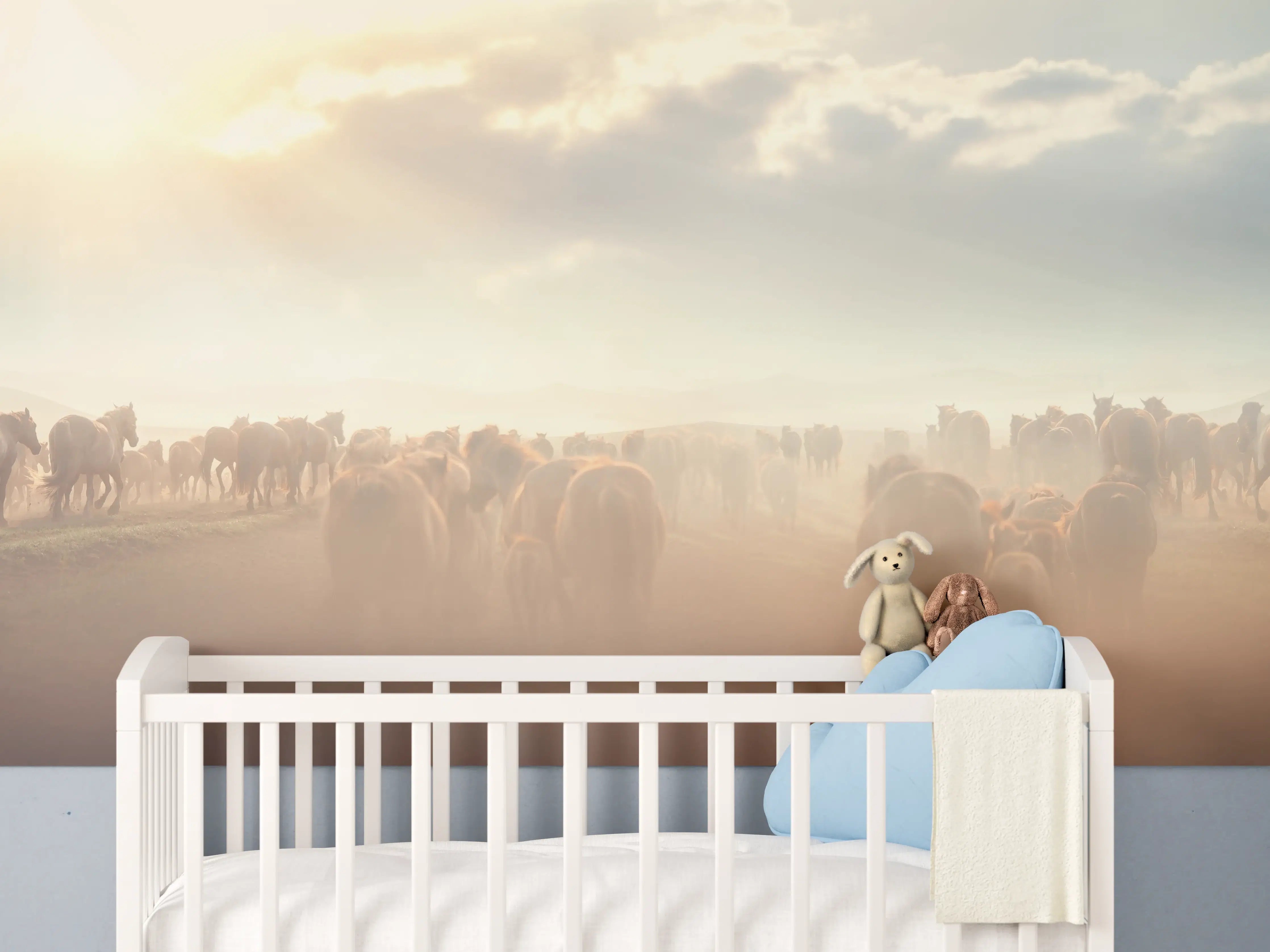 Babyzimmer Wandgestaltung - Herde Wildpferde im Sonnenuntergang