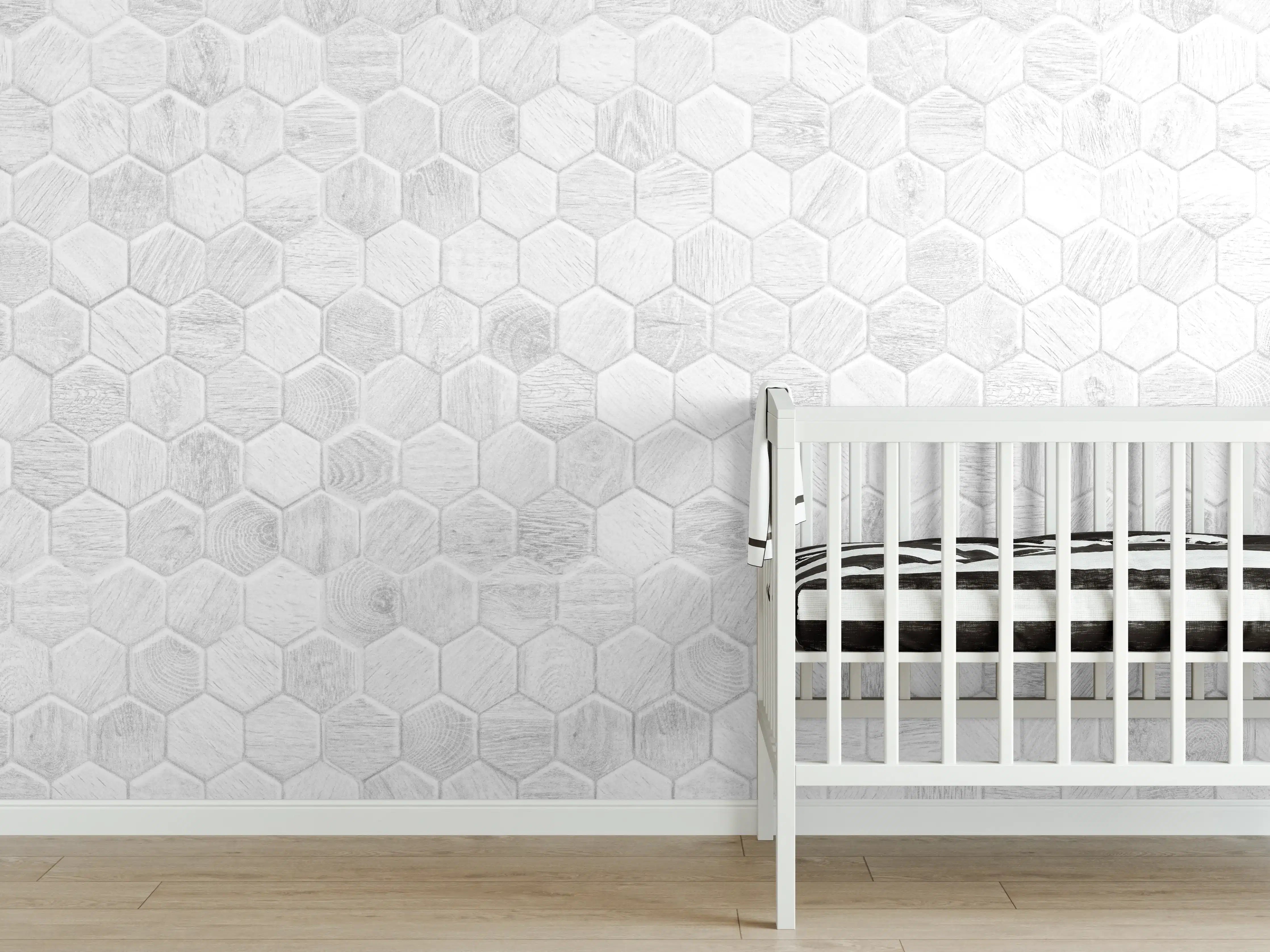 Babyzimmer Wandgestaltung - Hexagon-Holzpaneele Grau-Weiß