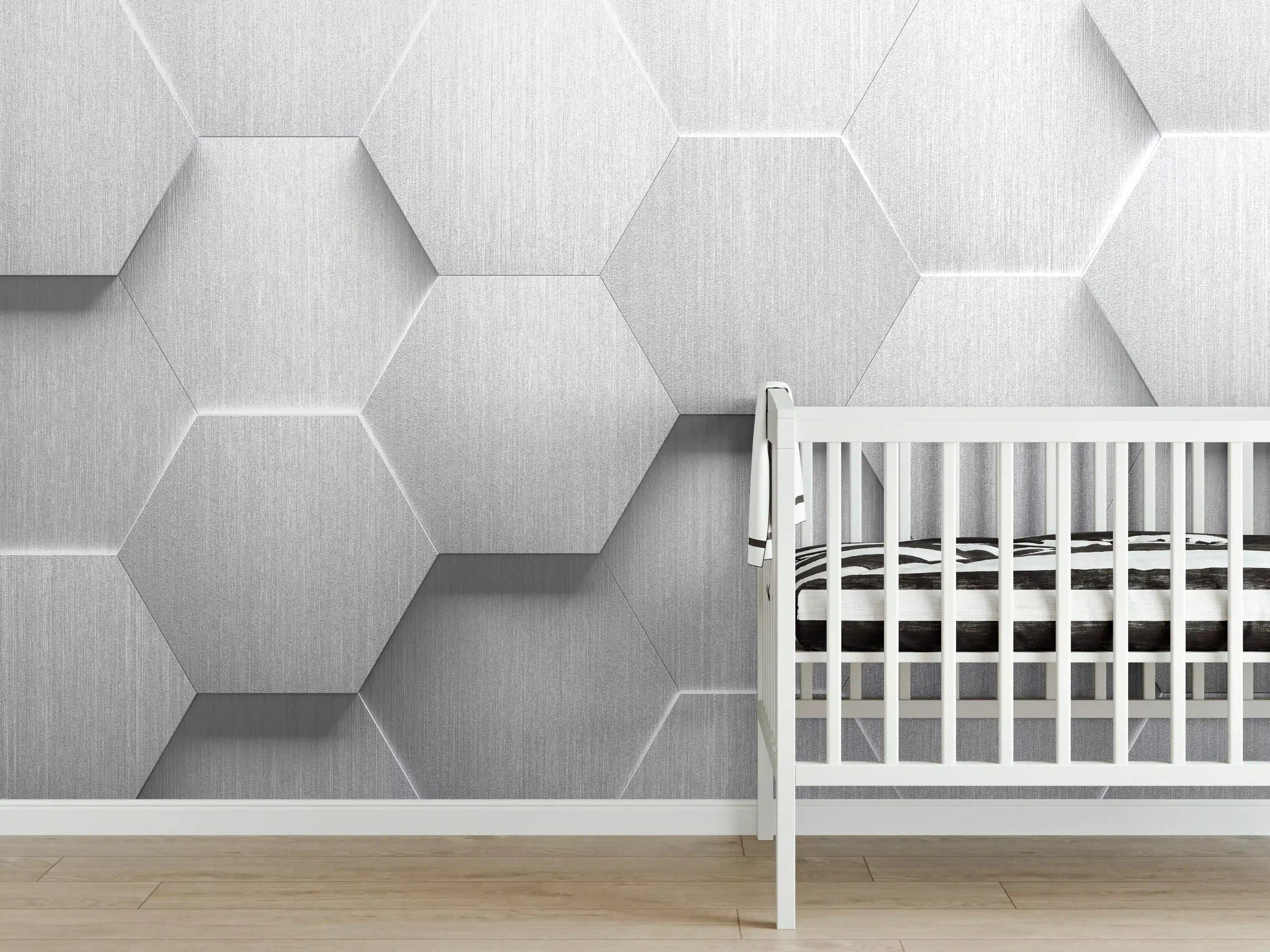 Babyzimmer Wandgestaltung - Hexagon Metallstruktur Grau-Weiß
