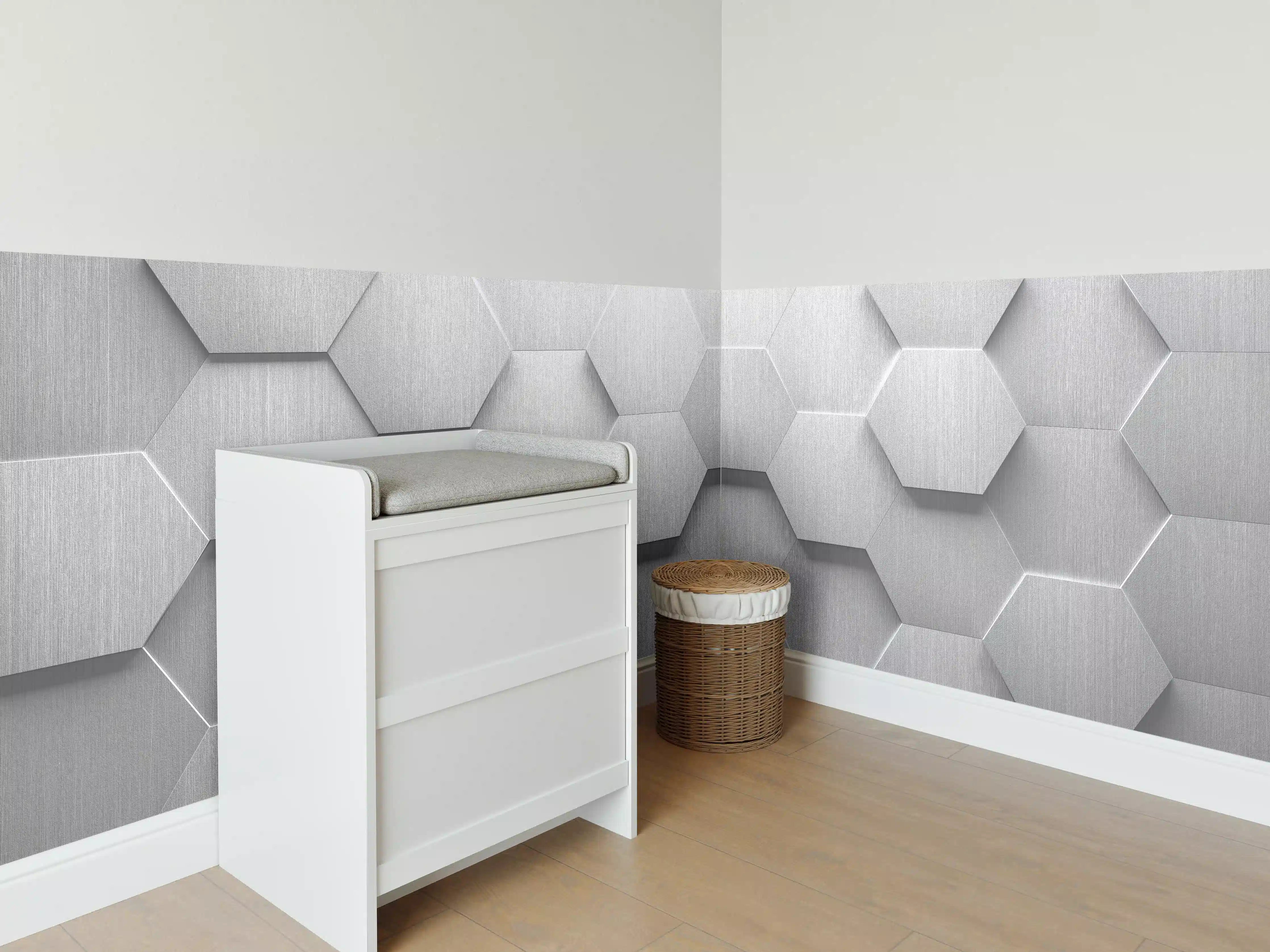 Babyzimmer Wandgestaltung - Hexagon Metallstruktur Grau-Weiß