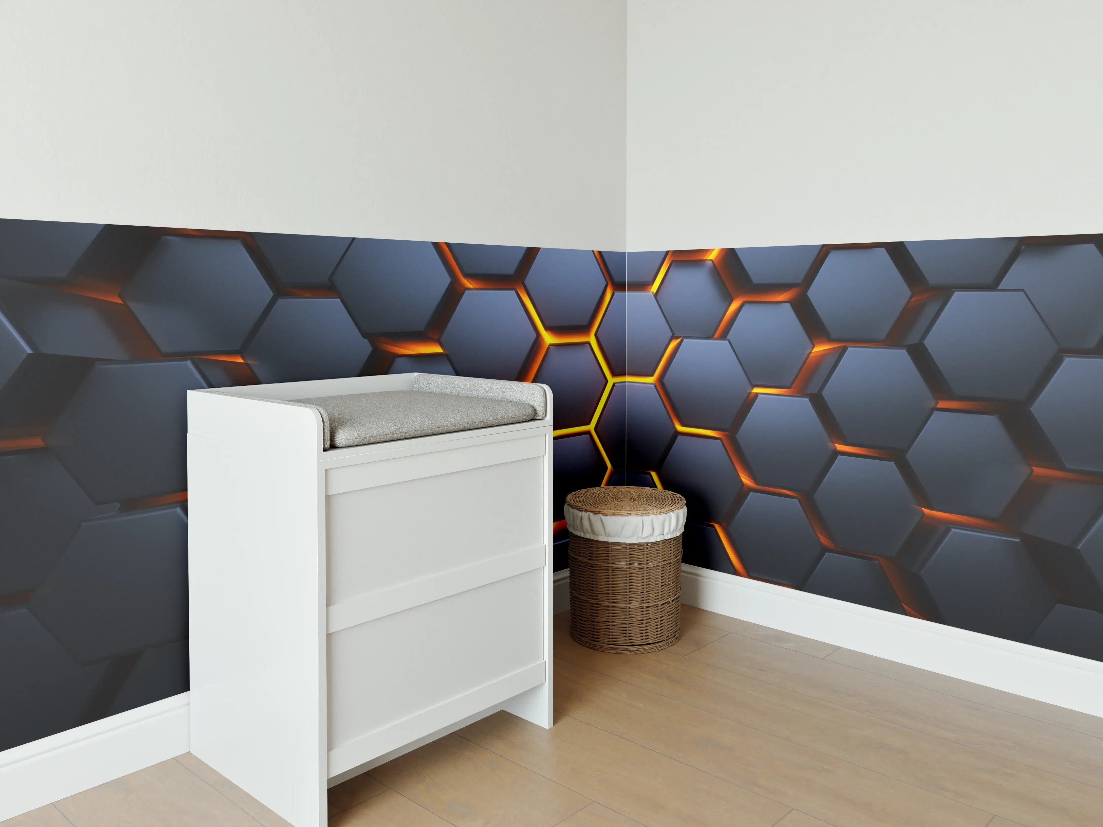 Babyzimmer Wandgestaltung - Hexagon-Muster in Blau-Orange
