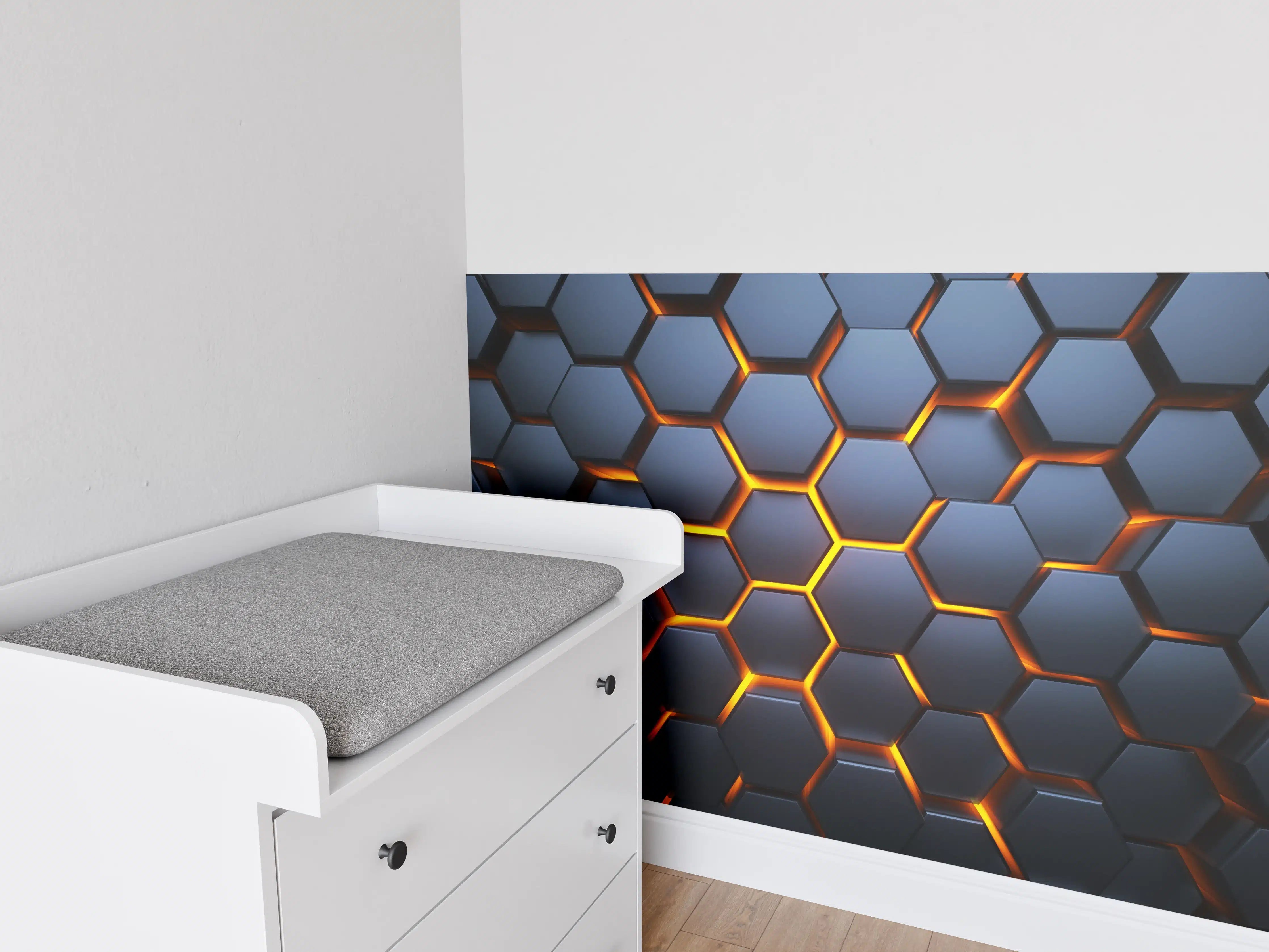 Babyzimmer Wandgestaltung - Hexagon-Muster in Blau-Orange