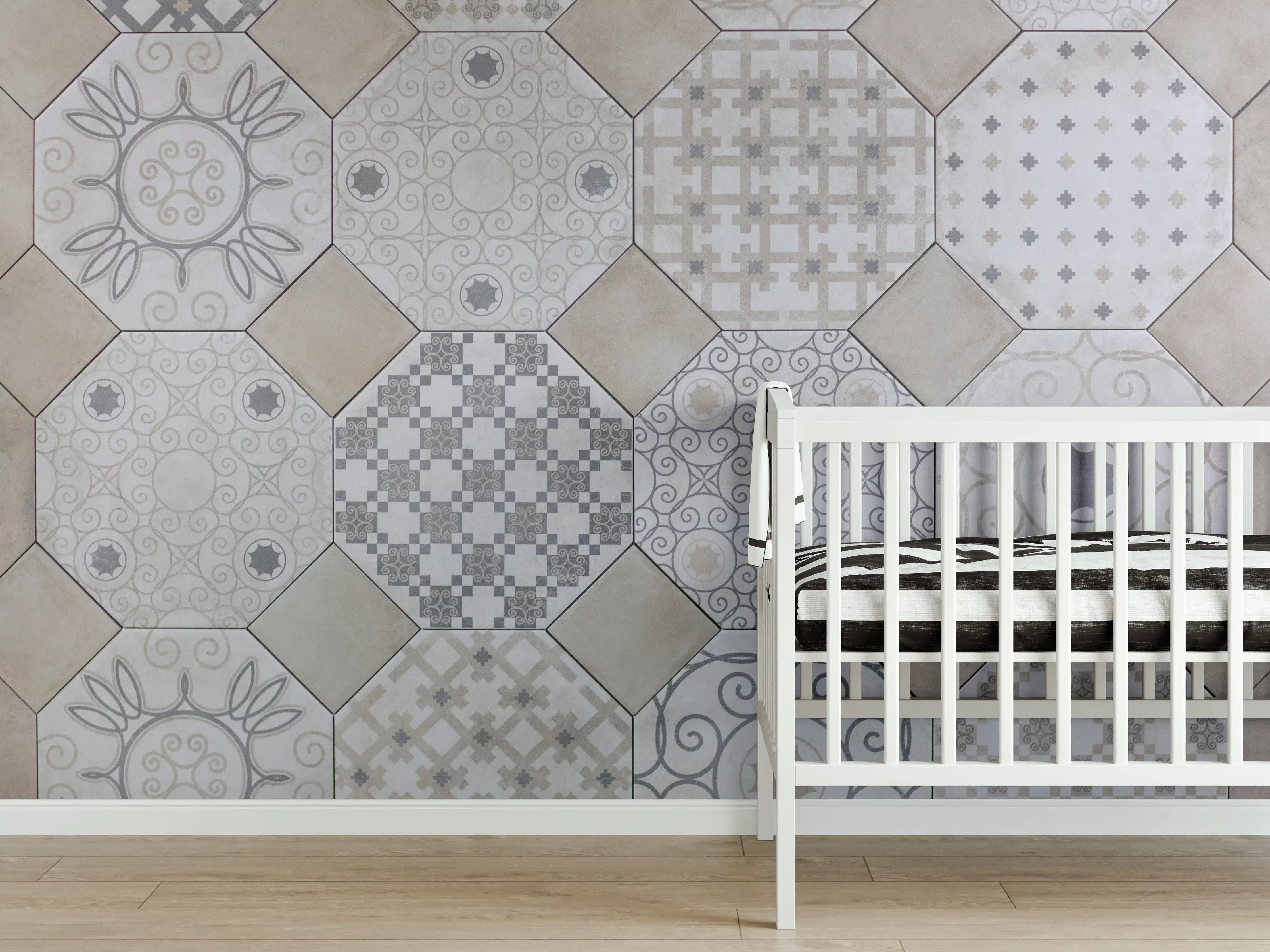 Babyzimmer Wandgestaltung - Hexagonale Weiß-Grau Fliesenmuster
