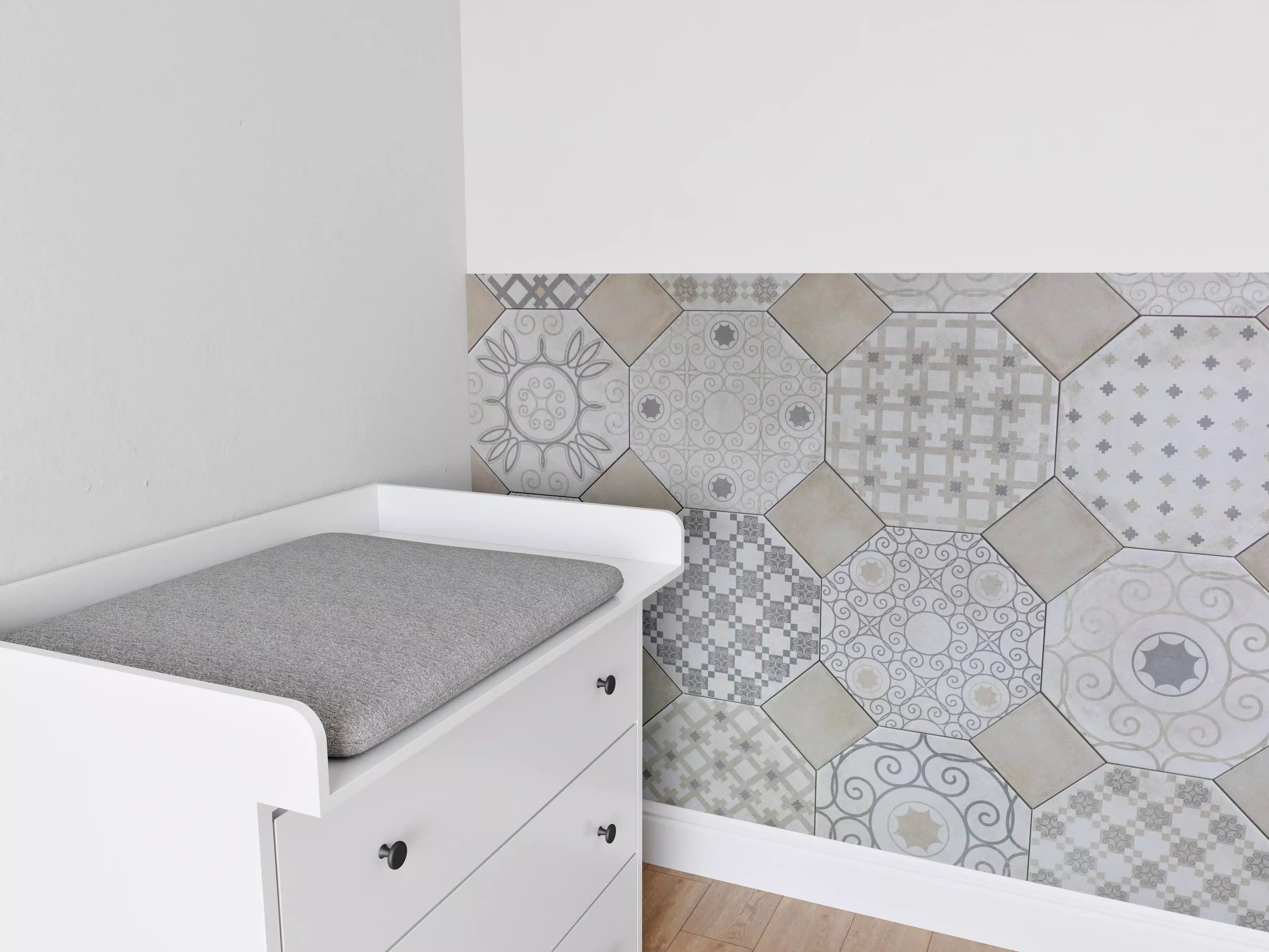 Babyzimmer Wandgestaltung - Hexagonale Weiß-Grau Fliesenmuster
