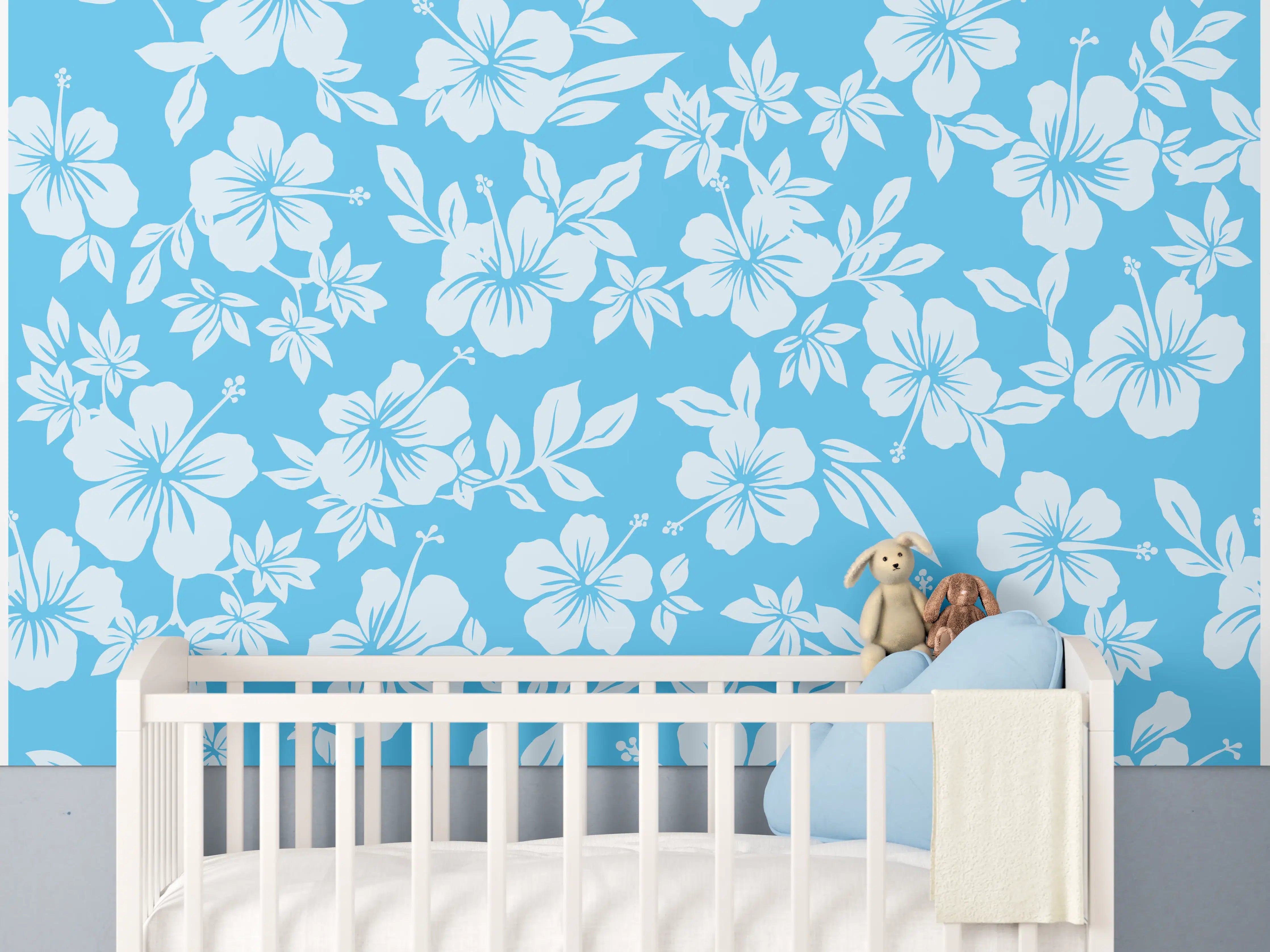 Babyzimmer Wandgestaltung - Hibiskus-Muster Hellblau