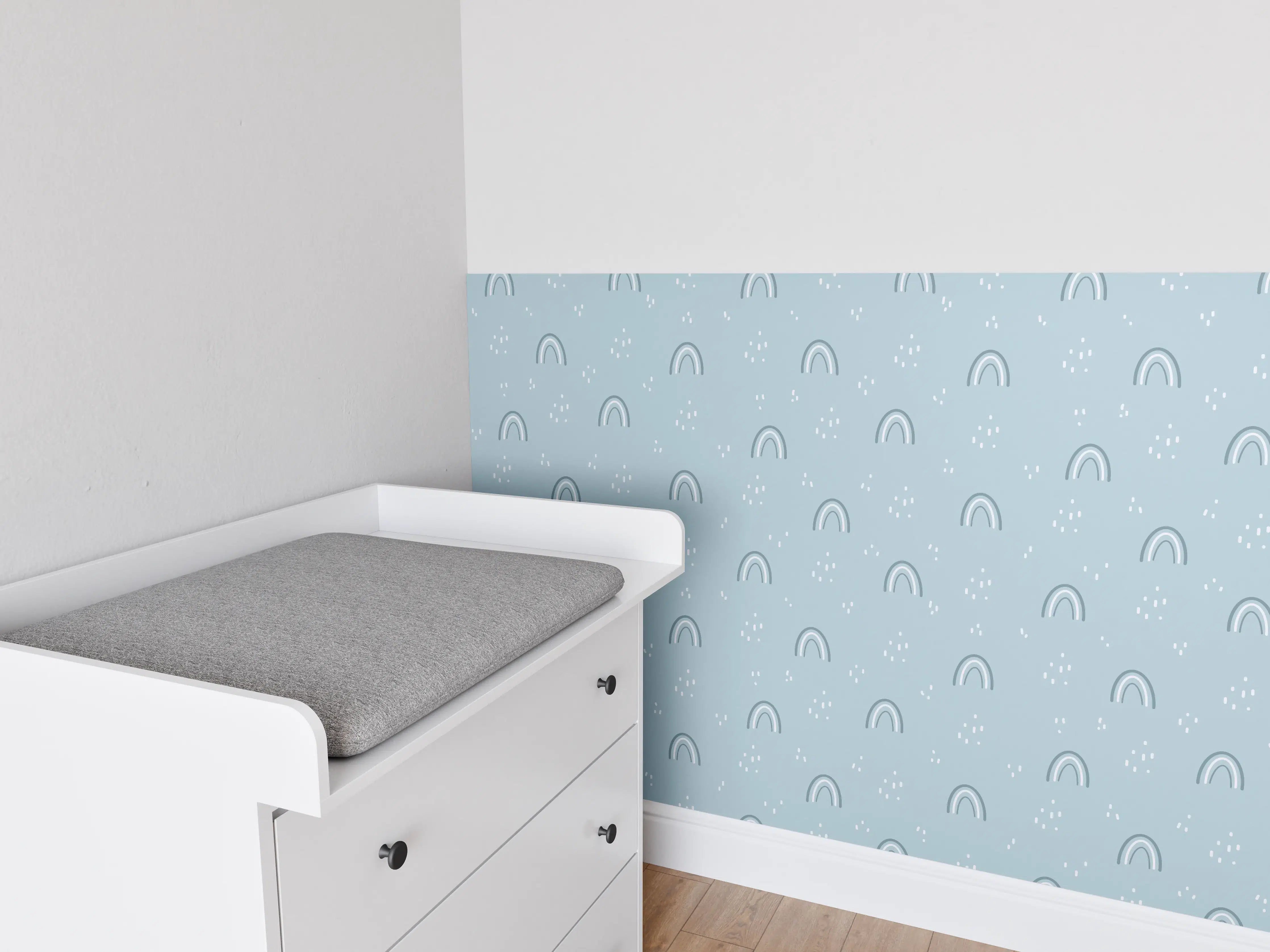 Babyzimmer Wandgestaltung - Himmel mit Regenbogen und Wolken in Pastellfarben