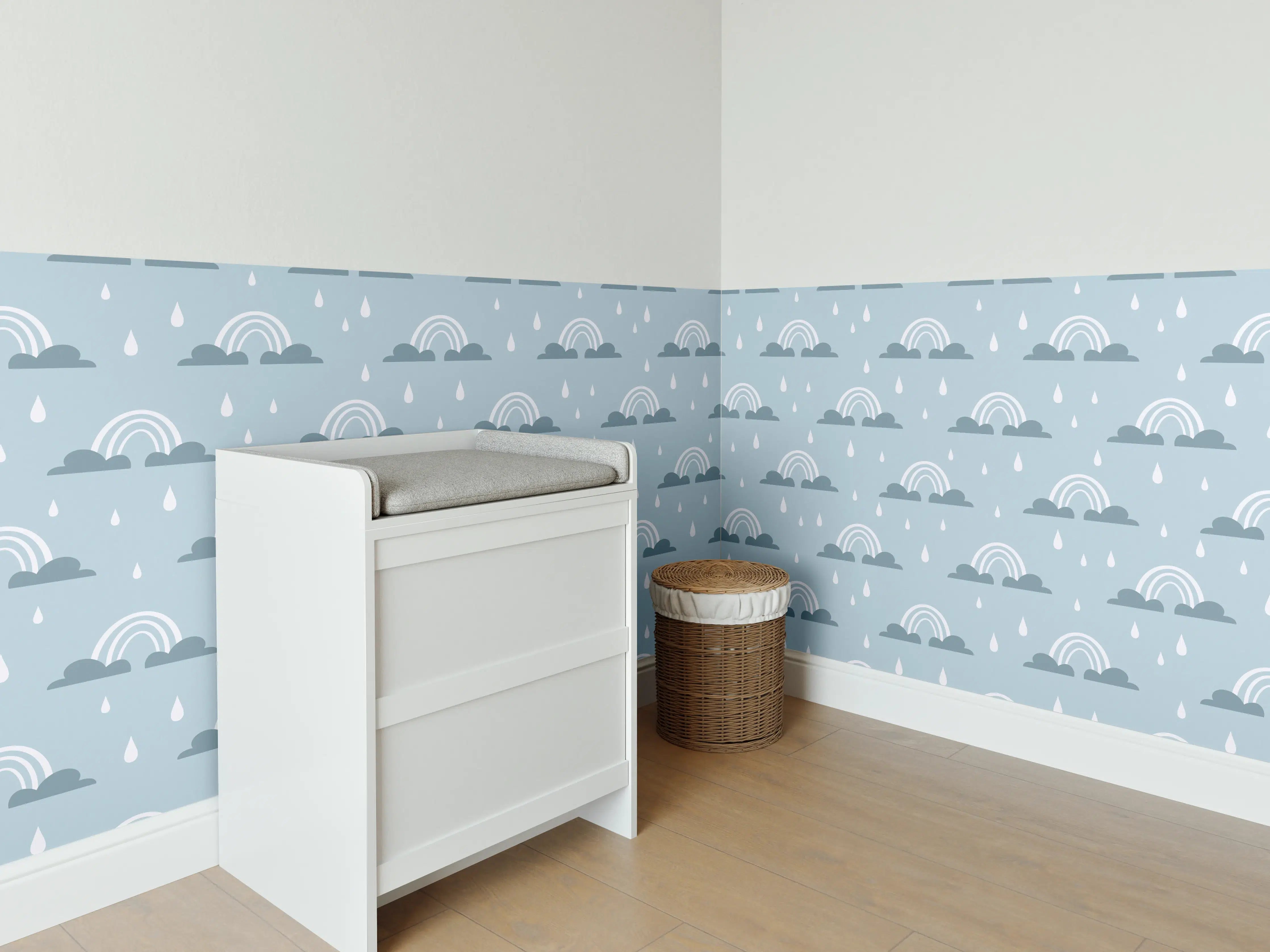 Babyzimmer Wandgestaltung - Himmel mit Regenschirmen und Wolken in Blau