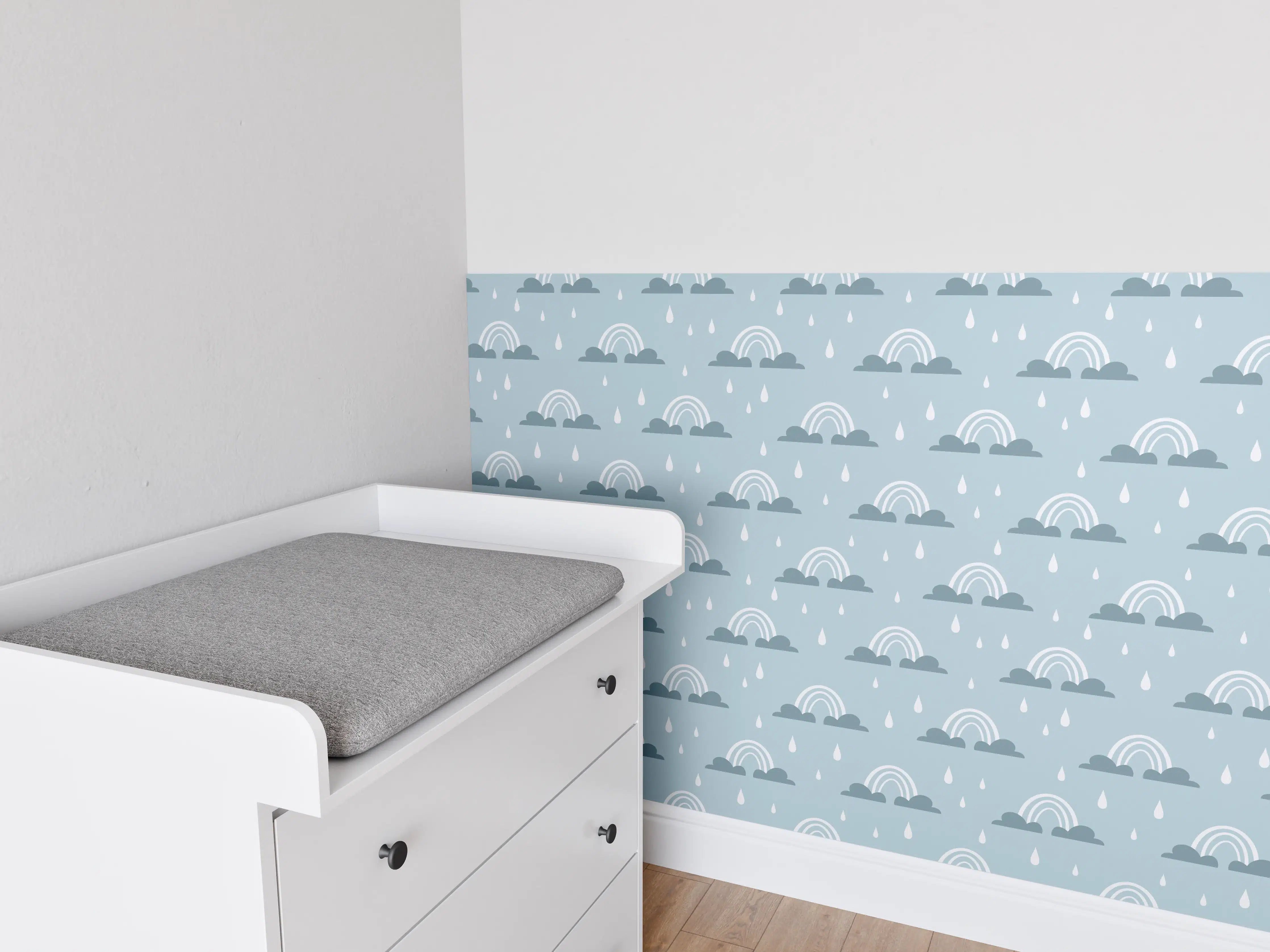 Babyzimmer Wandgestaltung - Himmel mit Regenschirmen und Wolken in Blau