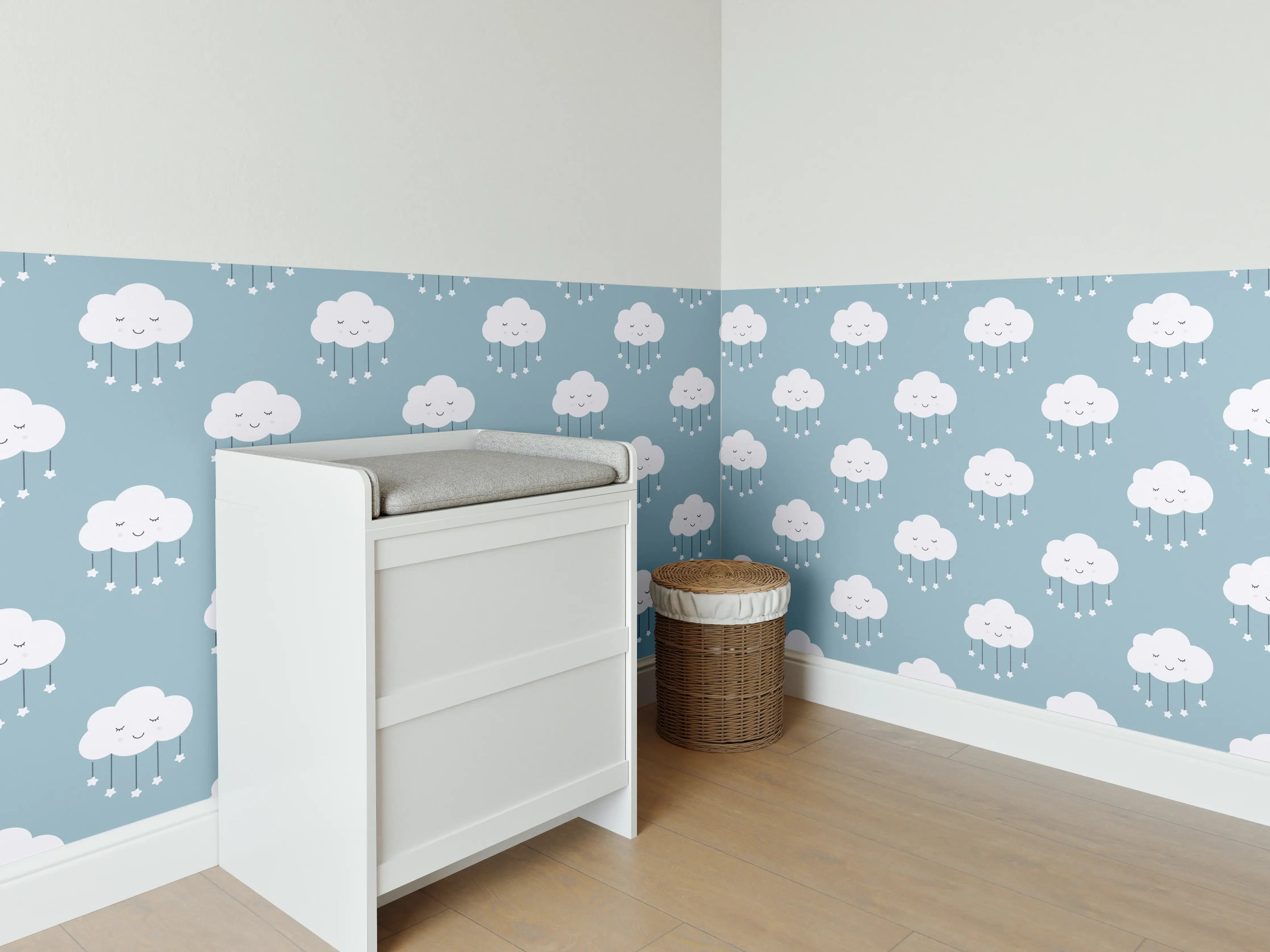 Babyzimmer Wandgestaltung - Himmel mit Wolken in sanften Blau- und Grautönen
