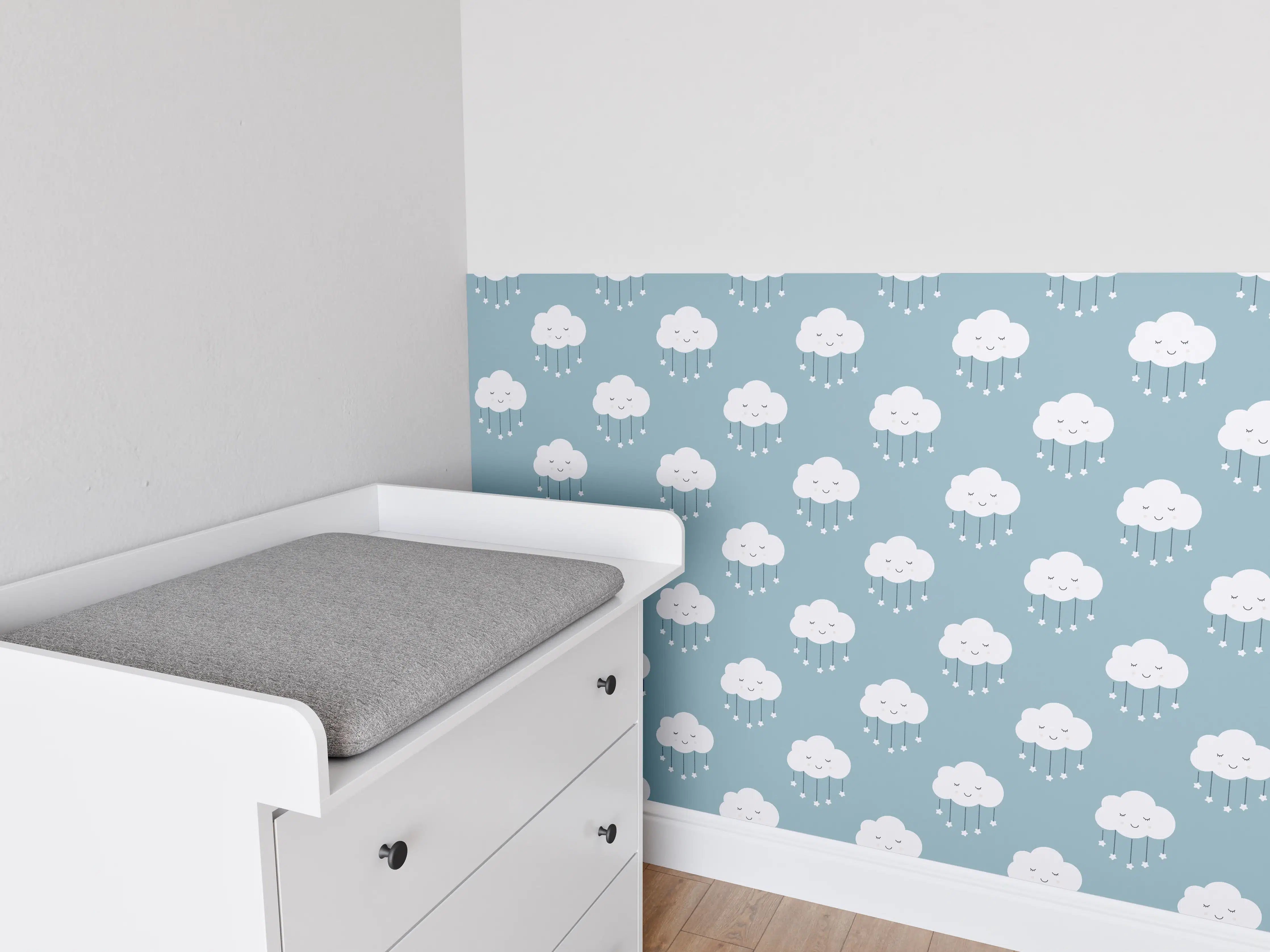 Babyzimmer Wandgestaltung - Himmel mit Wolken in sanften Blau- und Grautönen