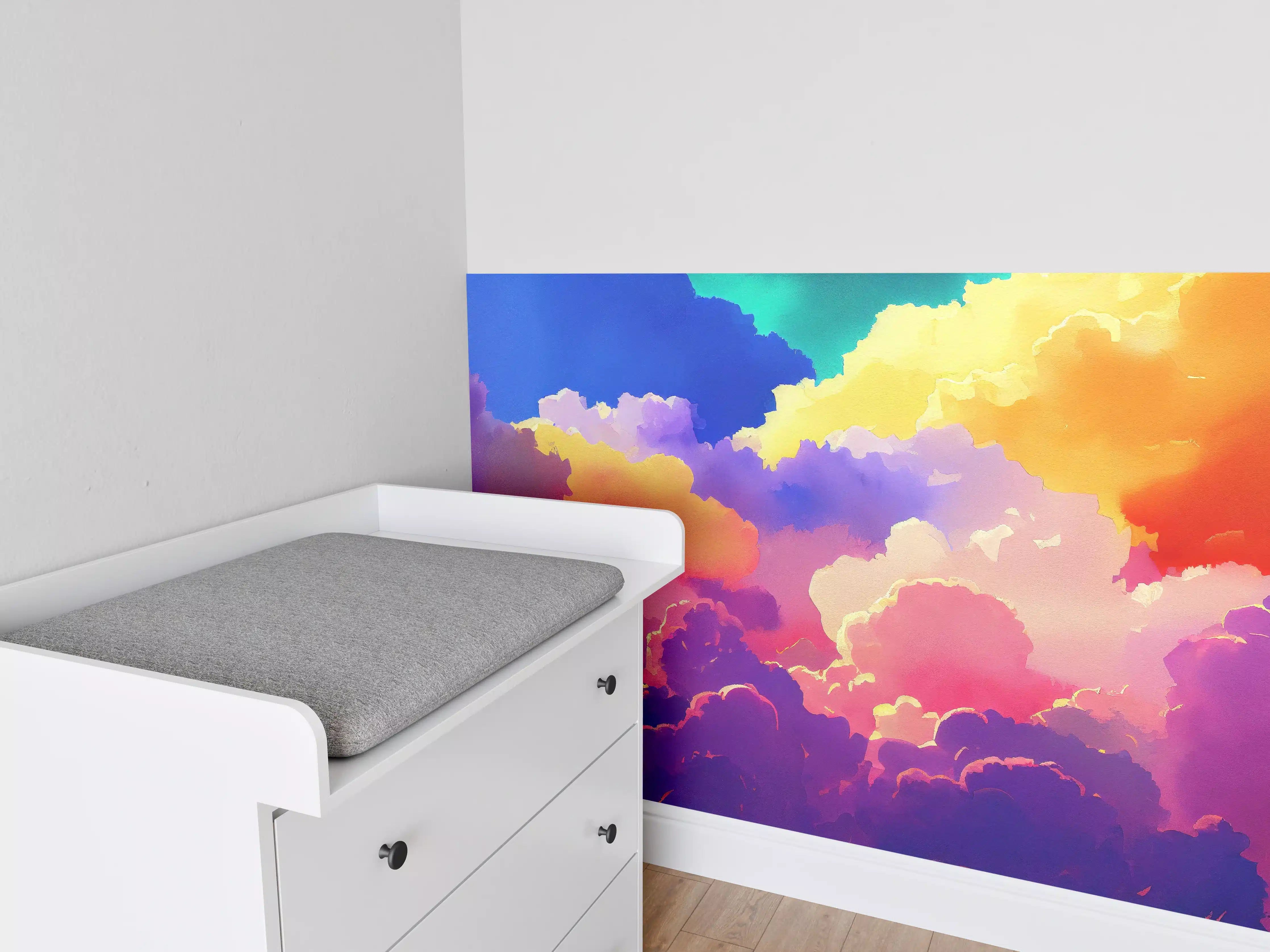 Babyzimmer Wandgestaltung - Himmel mit Wolken. Aquarell Illustration von farbigen Wolken.