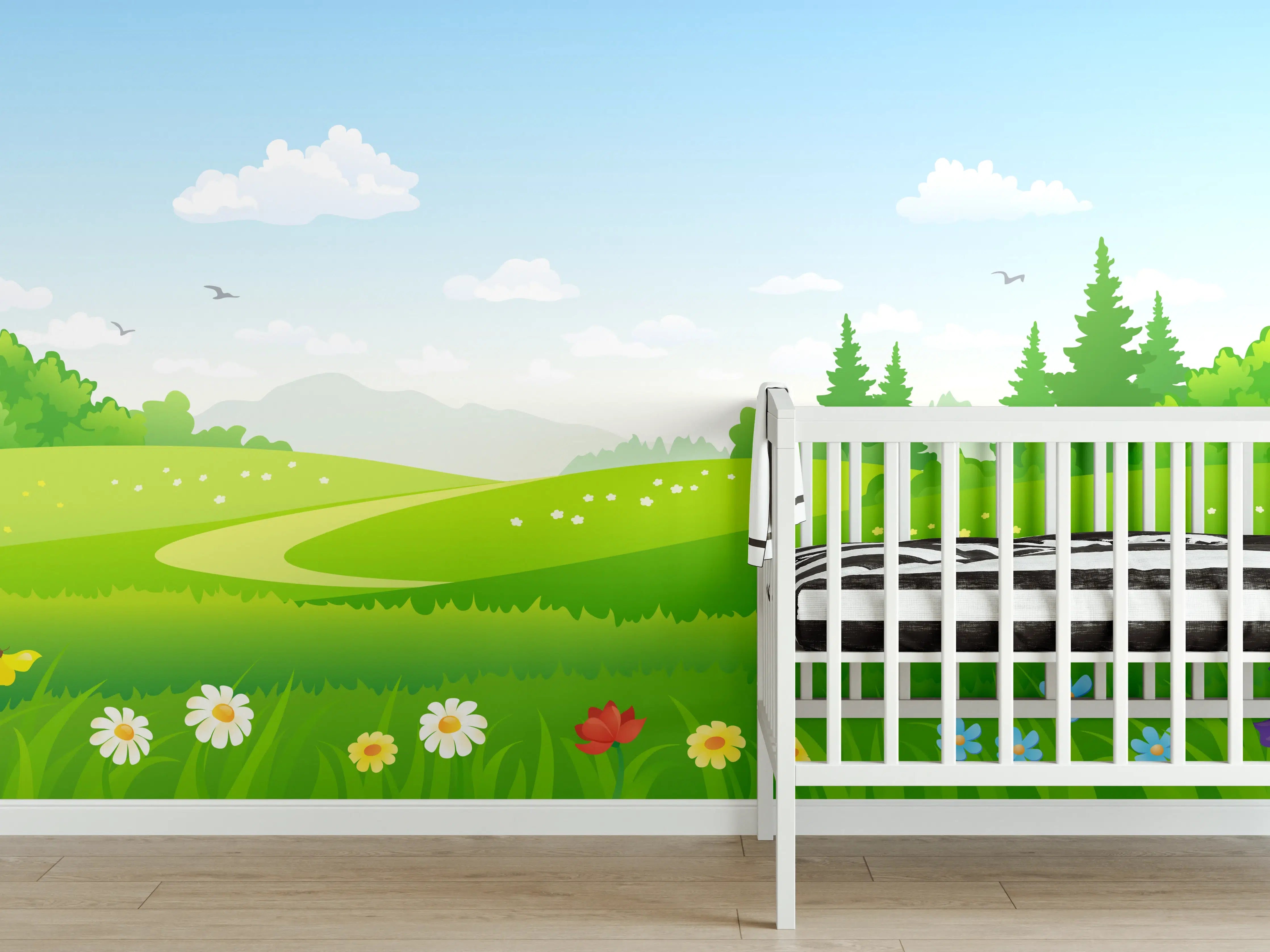 Babyzimmer Wandgestaltung - Himmel und grüne Wiesen mit Blumen