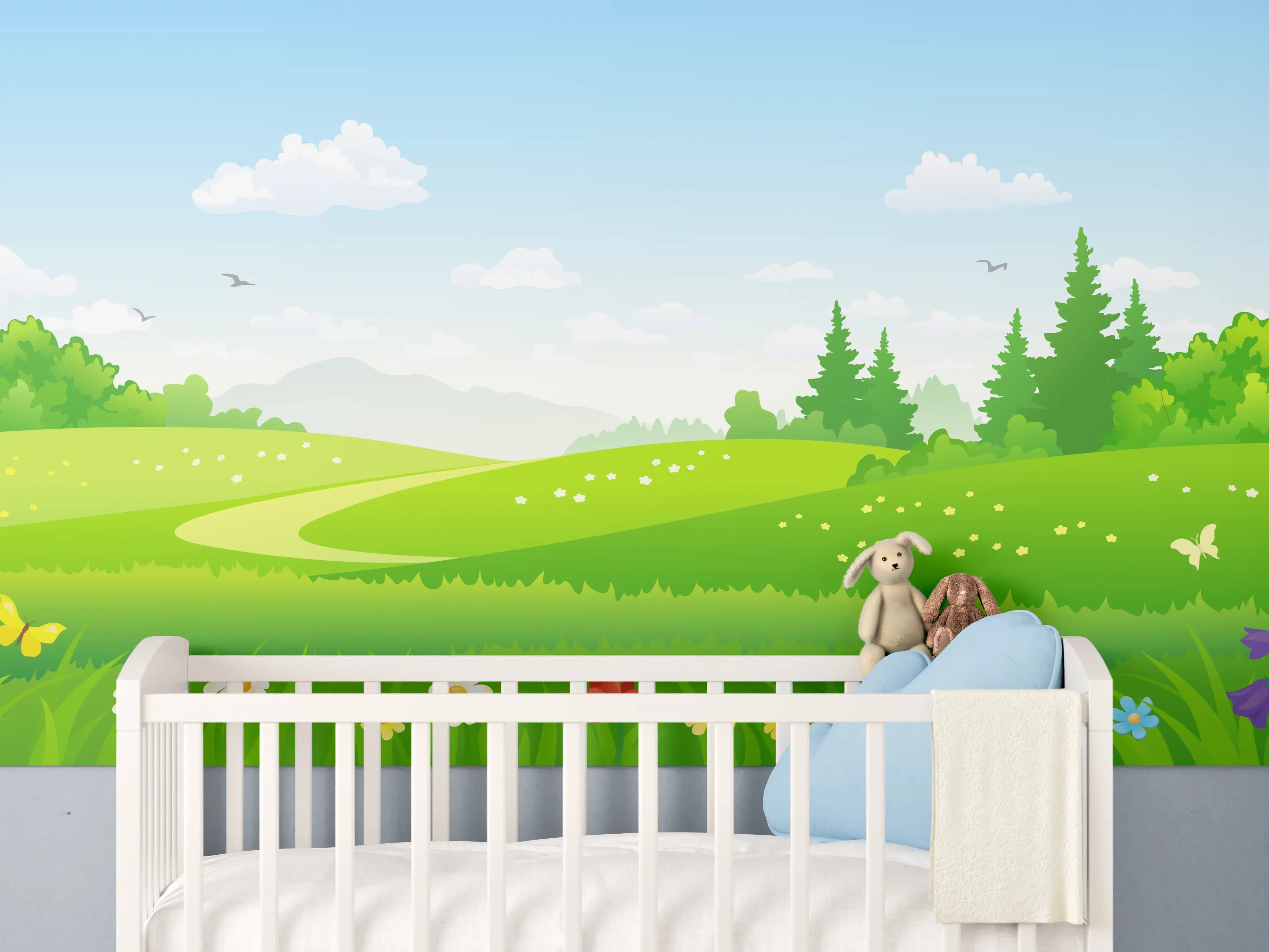 Babyzimmer Wandgestaltung - Himmel und grüne Wiesen mit Blumen