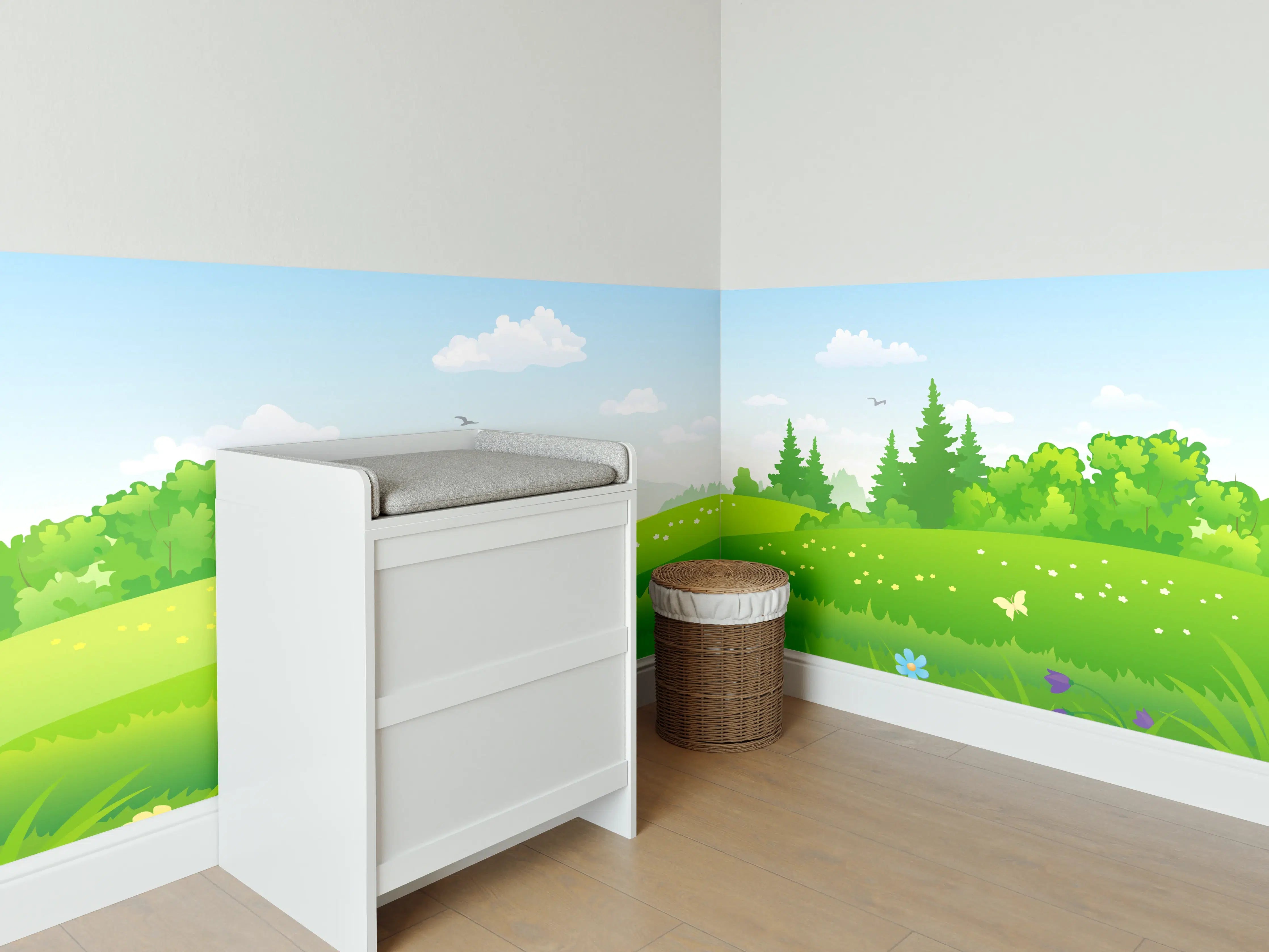 Babyzimmer Wandgestaltung - Himmel und grüne Wiesen mit Blumen