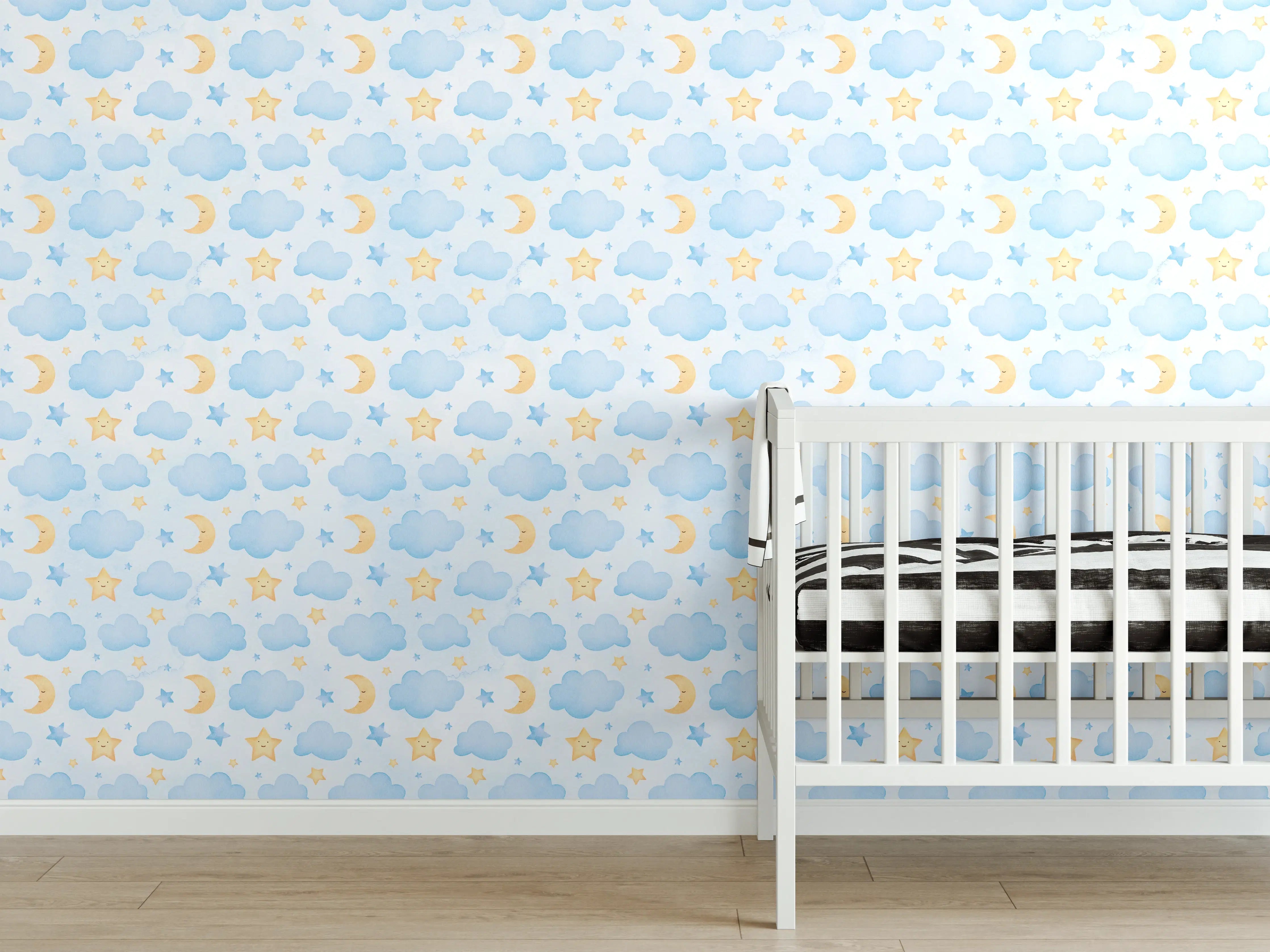 Babyzimmer Wandgestaltung - Himmel, Wolken und Sterne in zarten Pastellfarben