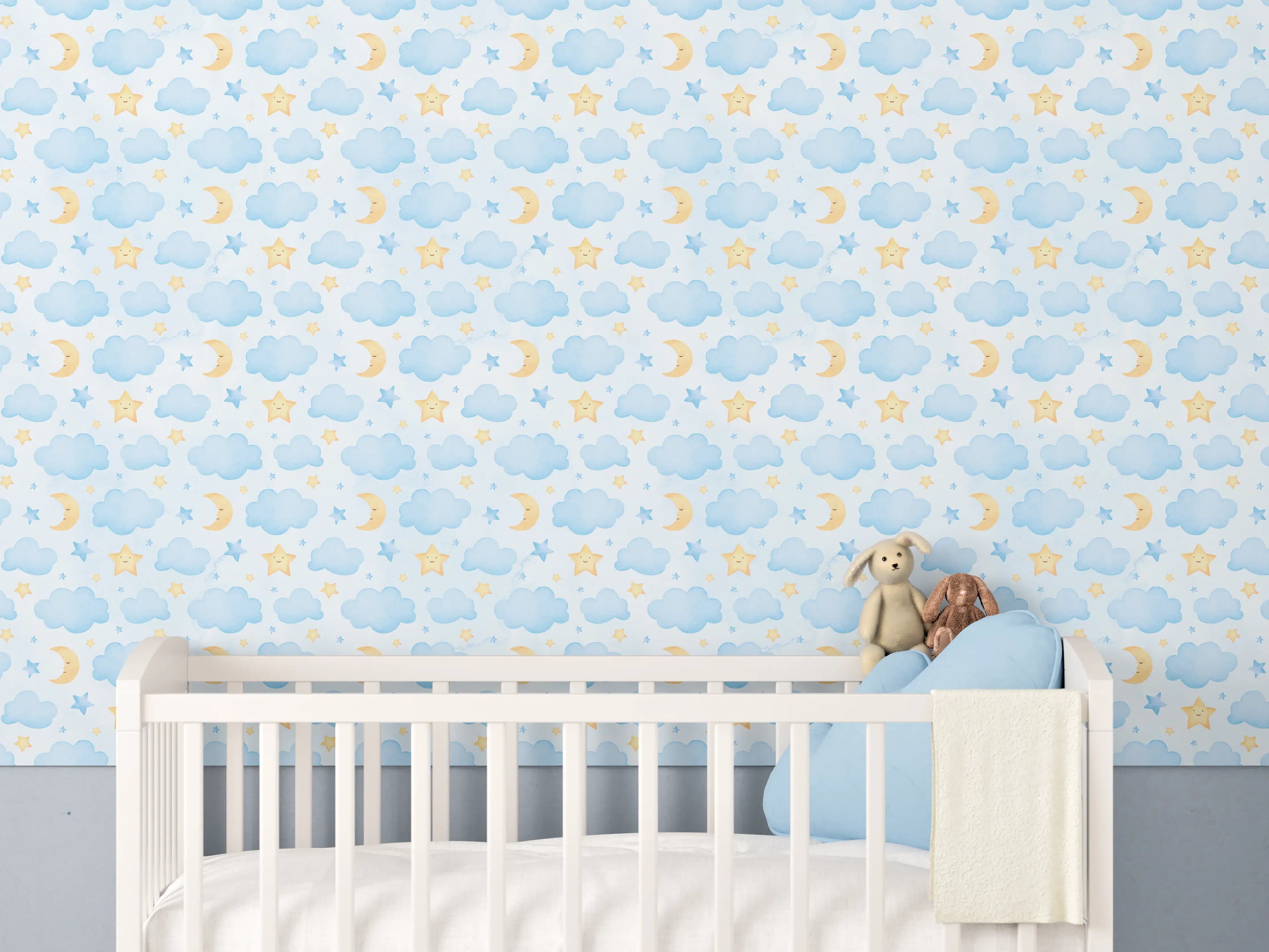 Babyzimmer Wandgestaltung - Himmel, Wolken und Sterne in zarten Pastellfarben