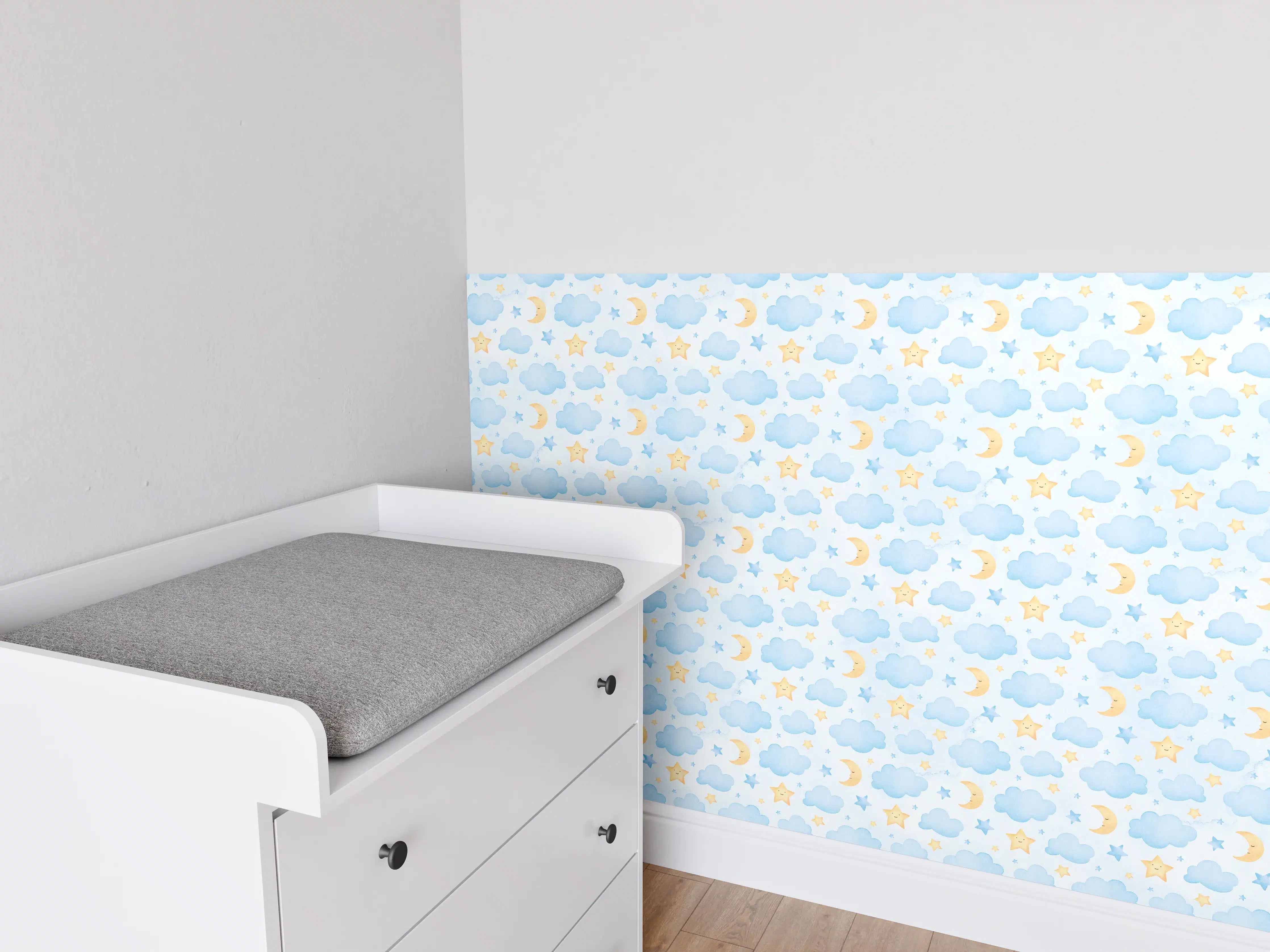 Babyzimmer Wandgestaltung - Himmel, Wolken und Sterne in zarten Pastellfarben
