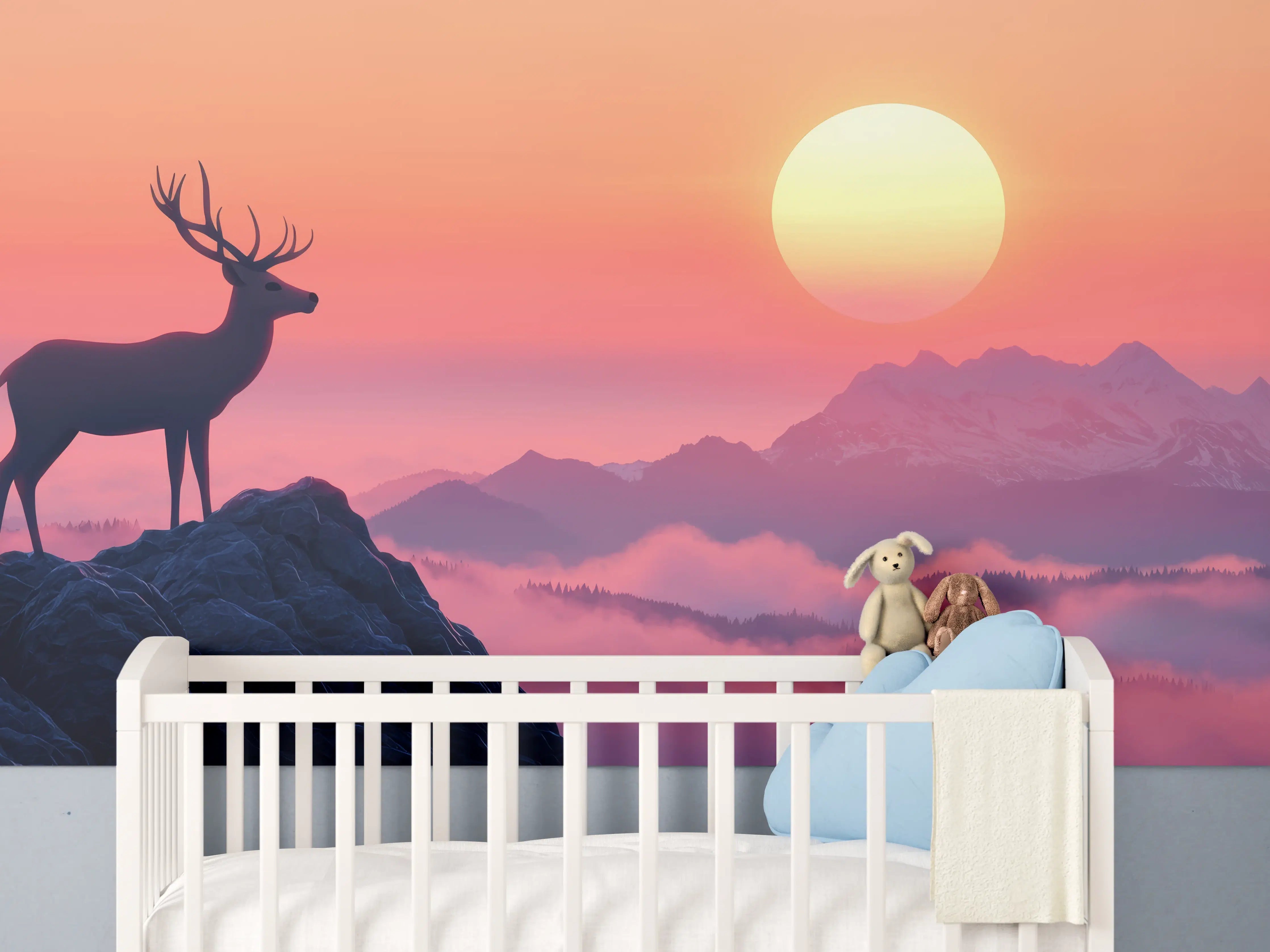 Babyzimmer Wandgestaltung - Hirsch-Silhouette Sonnenaufgang Orange-Pink