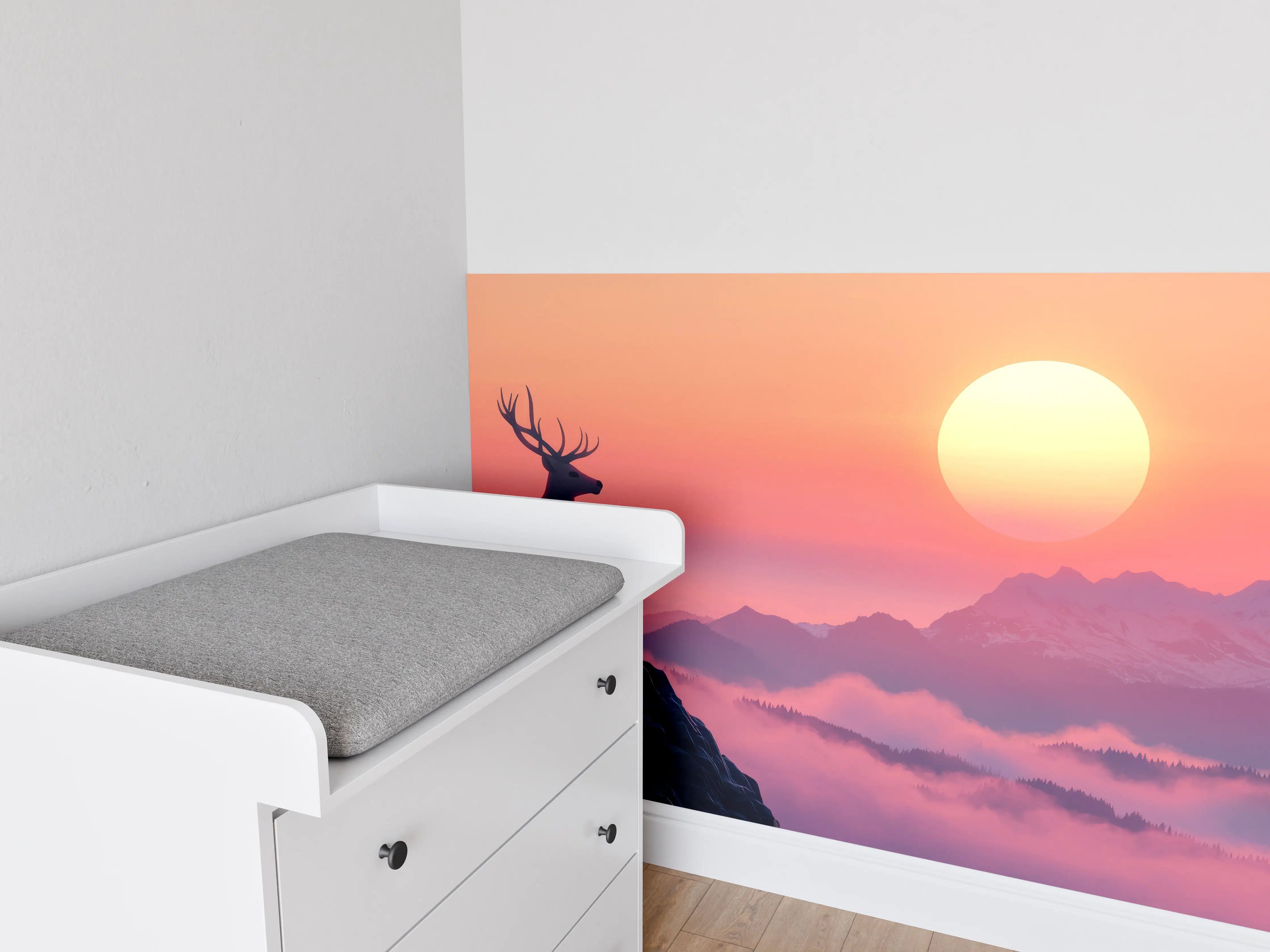 Babyzimmer Wandgestaltung - Hirsch-Silhouette Sonnenaufgang Orange-Pink