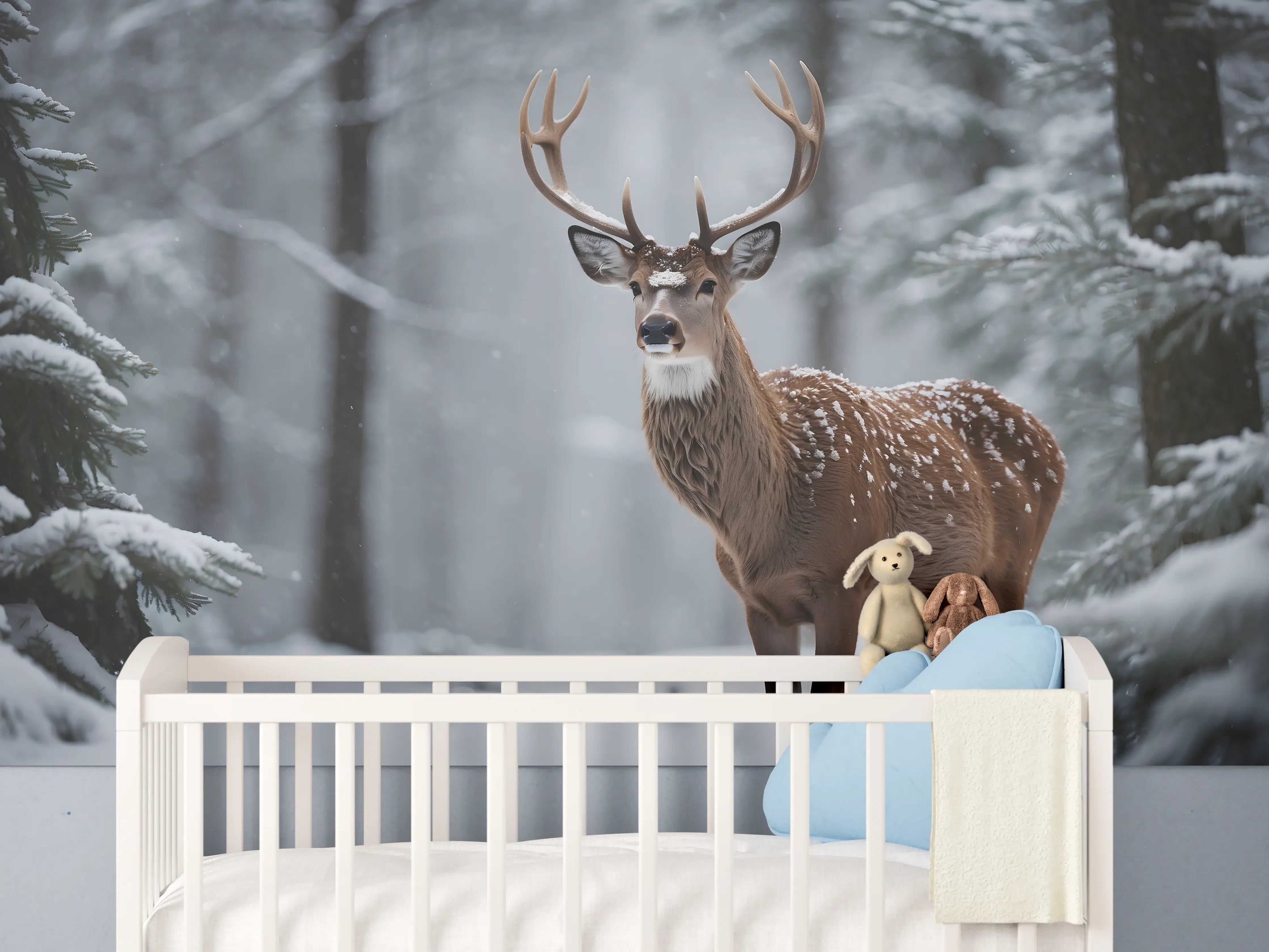 Babyzimmer Wandgestaltung - Hirsch im verschneiten Wald