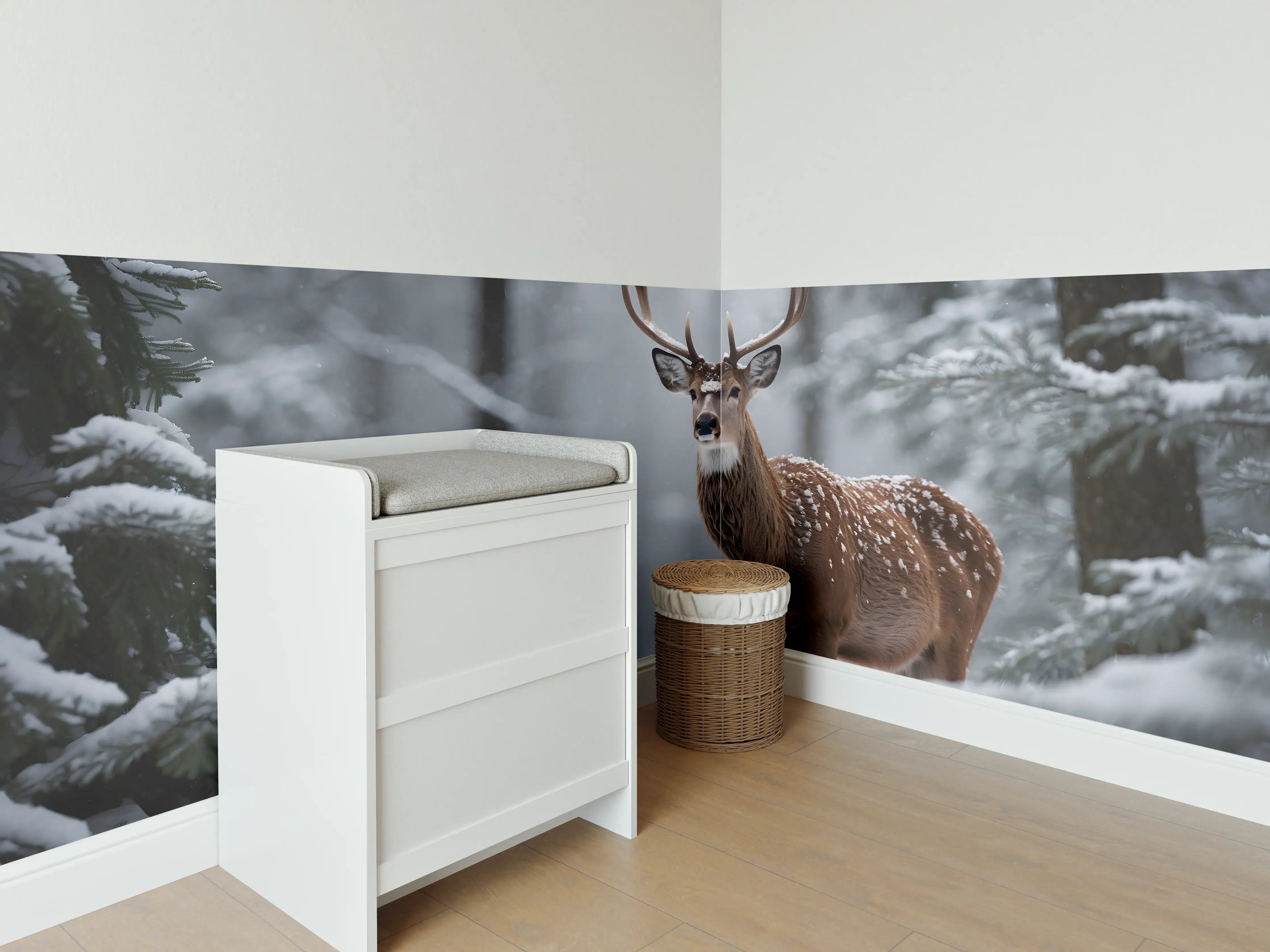 Babyzimmer Wandgestaltung - Hirsch im verschneiten Wald