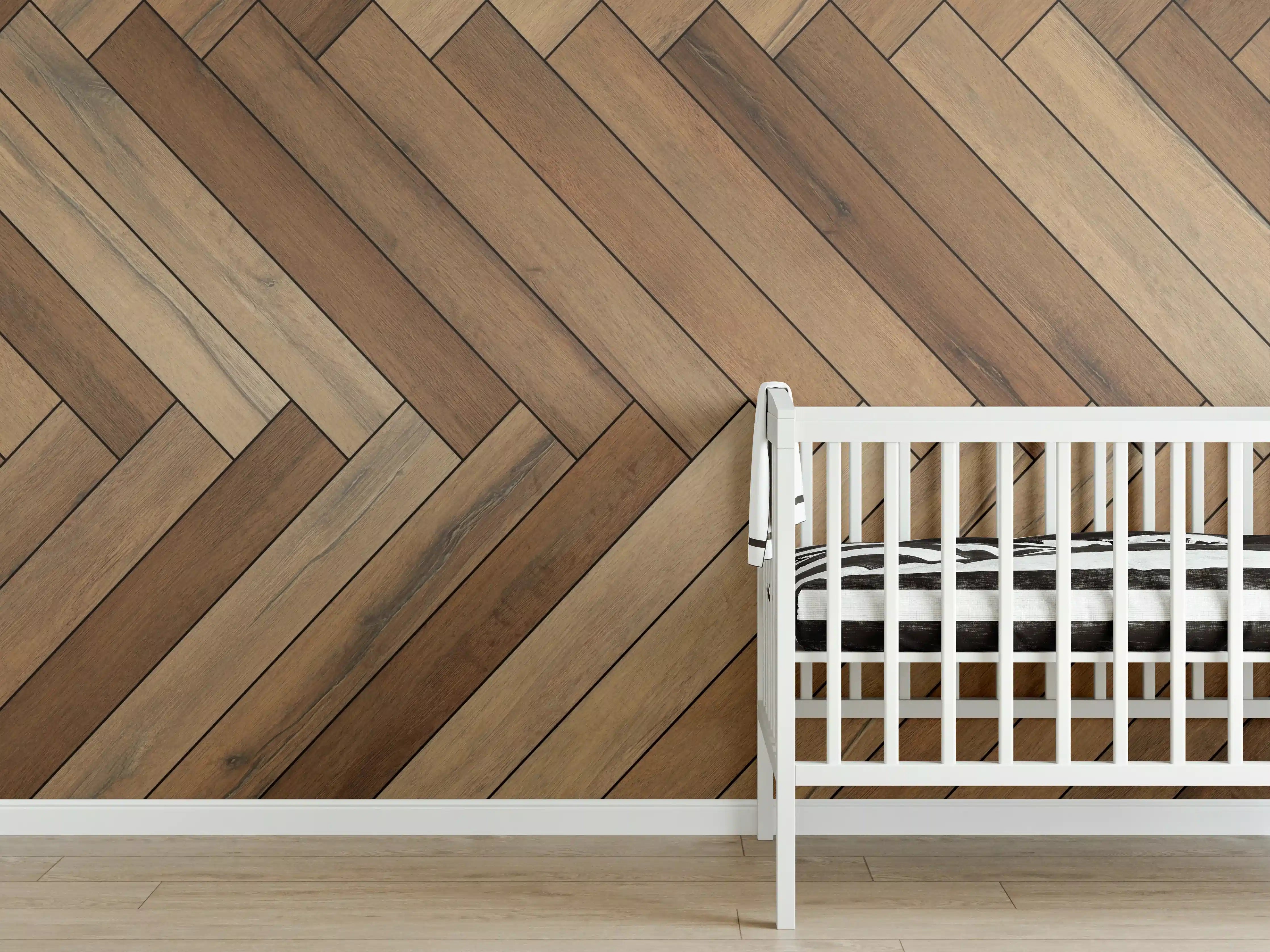 Babyzimmer Wandgestaltung - Holzfußboden im Diagonalmuster