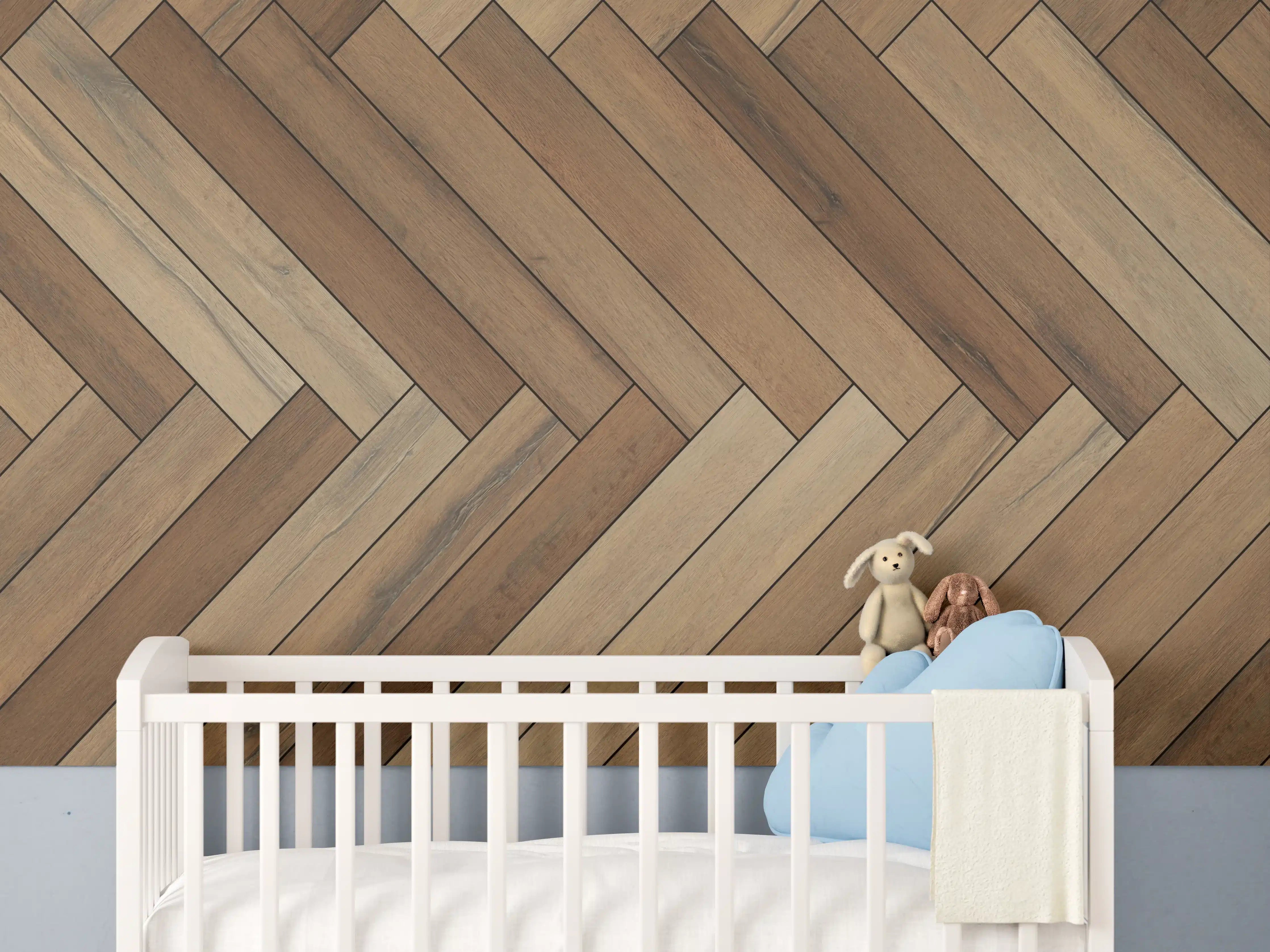 Babyzimmer Wandgestaltung - Holzfußboden im Diagonalmuster