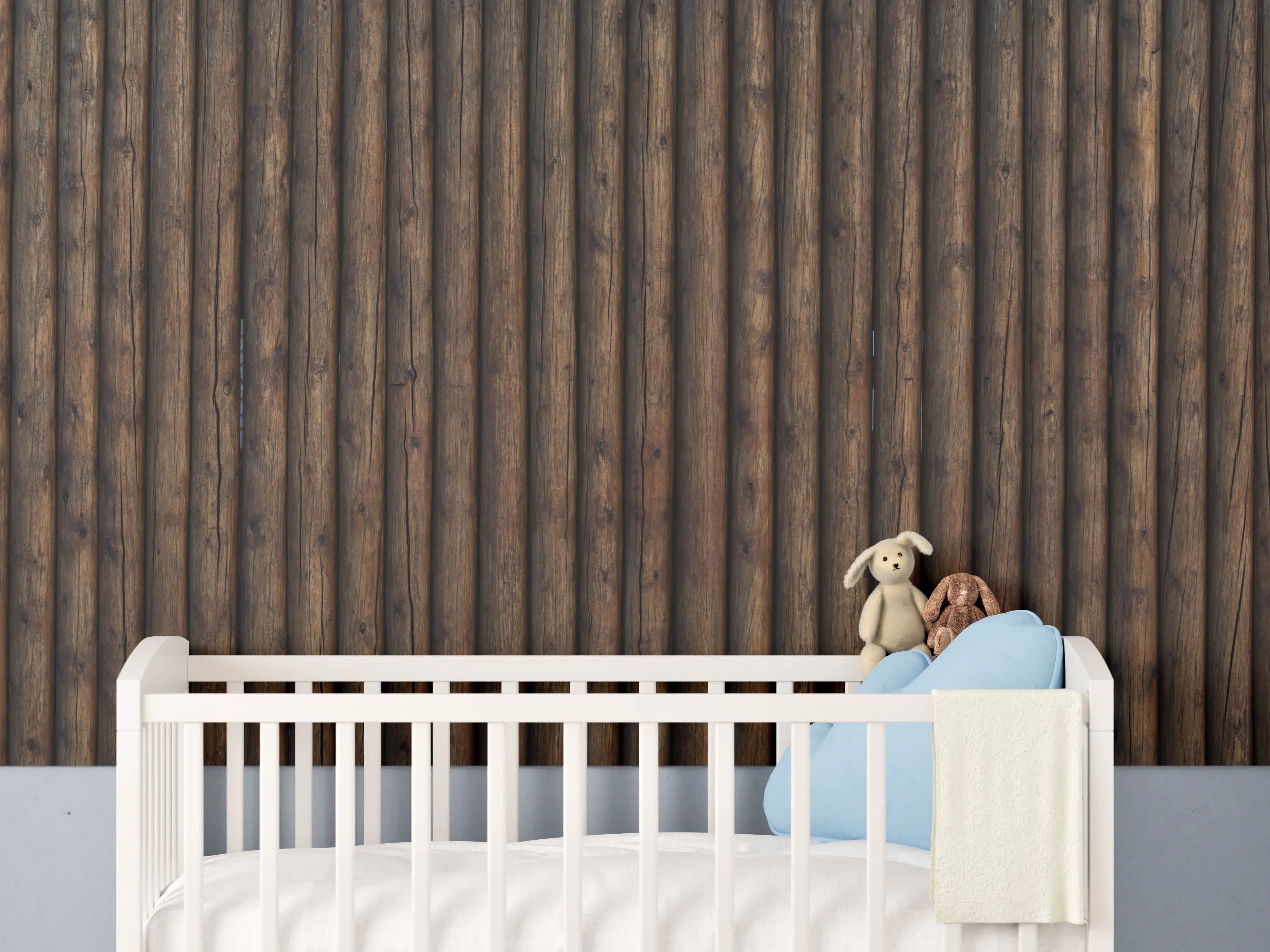 Babyzimmer Wandgestaltung - Holzoptik mit dunklen, geraden Linien