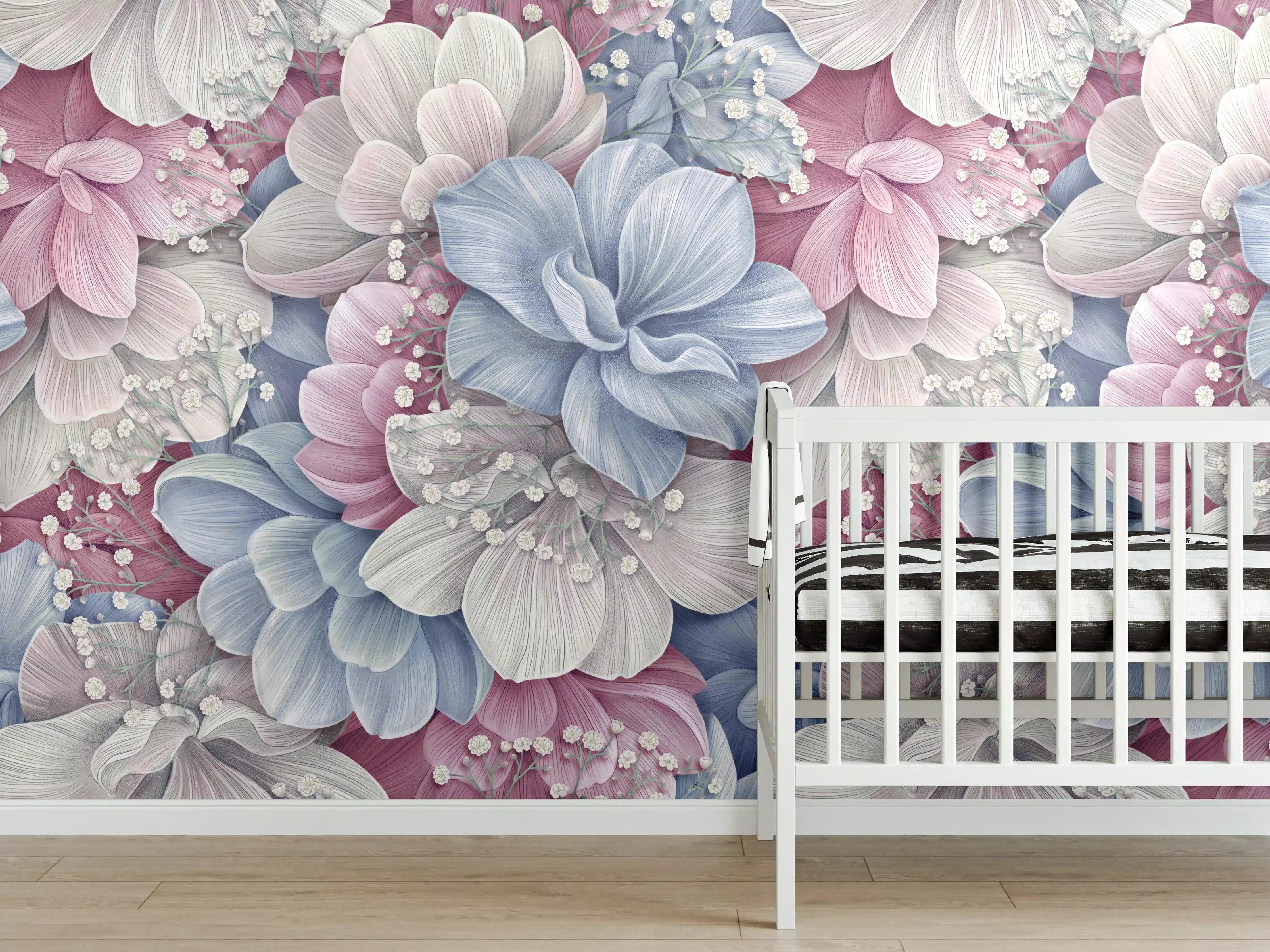 Babyzimmer Wandgestaltung - Hortensienblüten - Aquarellmalerei