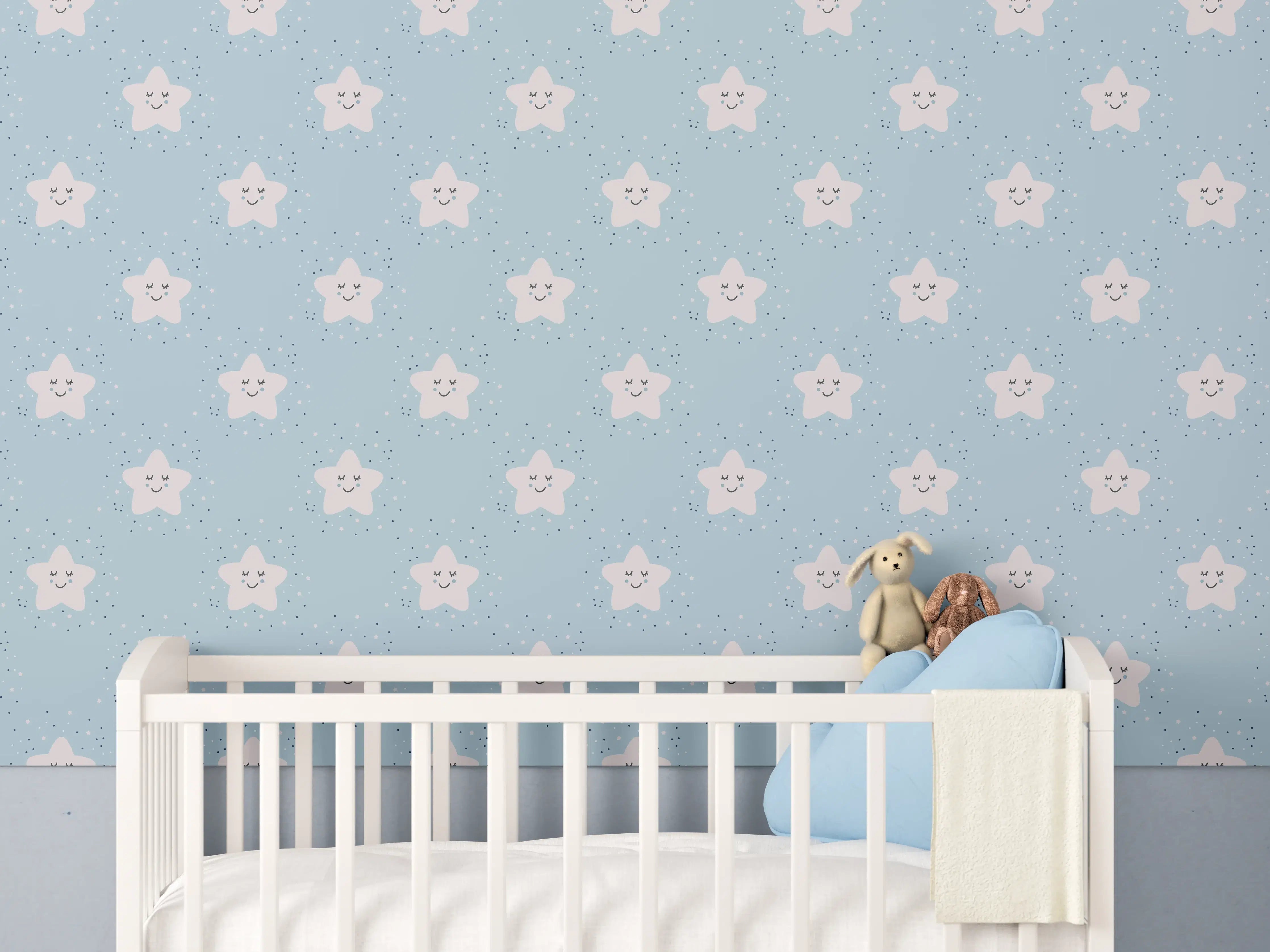 Babyzimmer Wandgestaltung - Hübscher Babybär auf blauer Decke