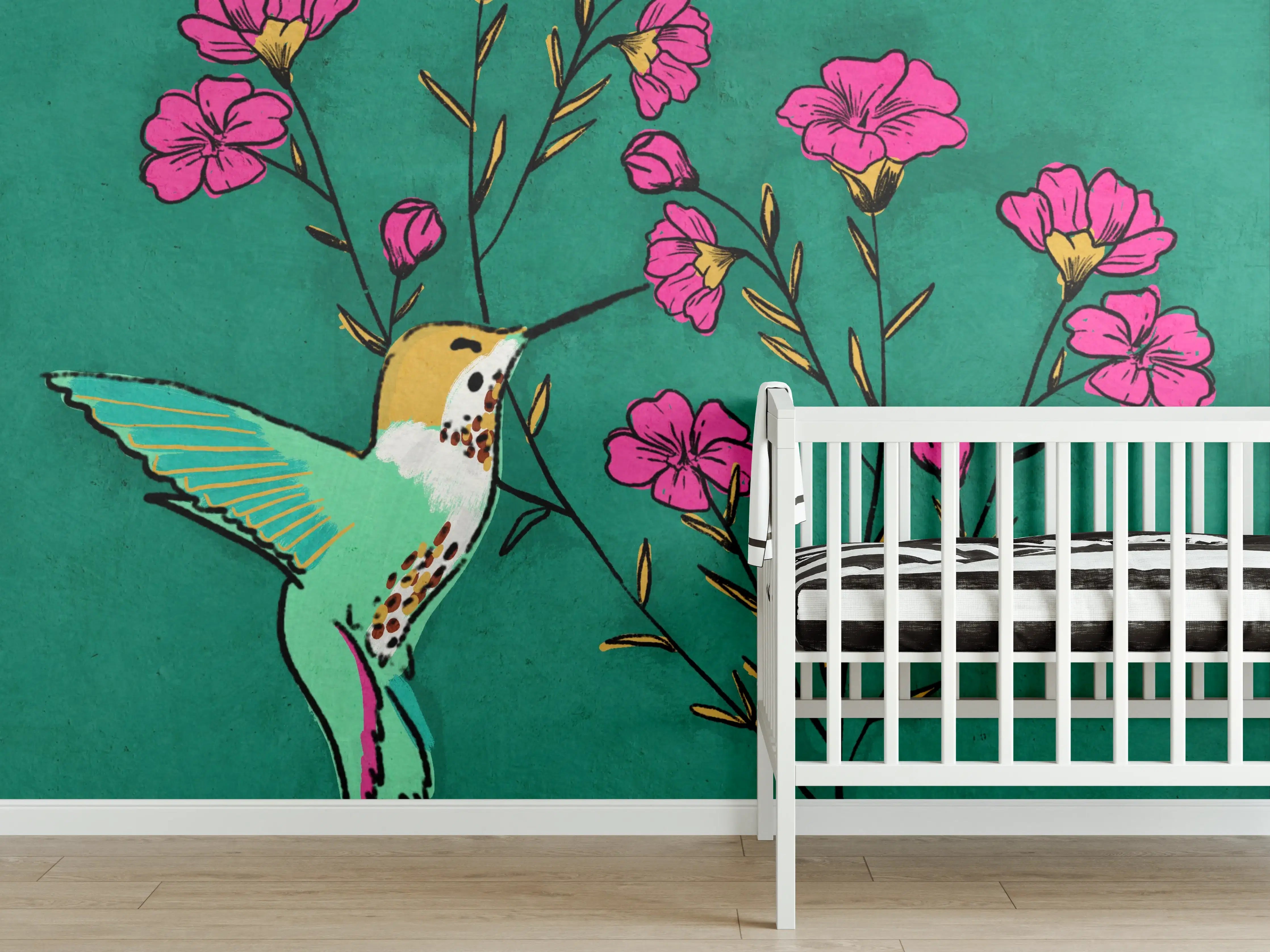 Babyzimmer Wandgestaltung - Hummingbird und Blumen in lebendigen Farben