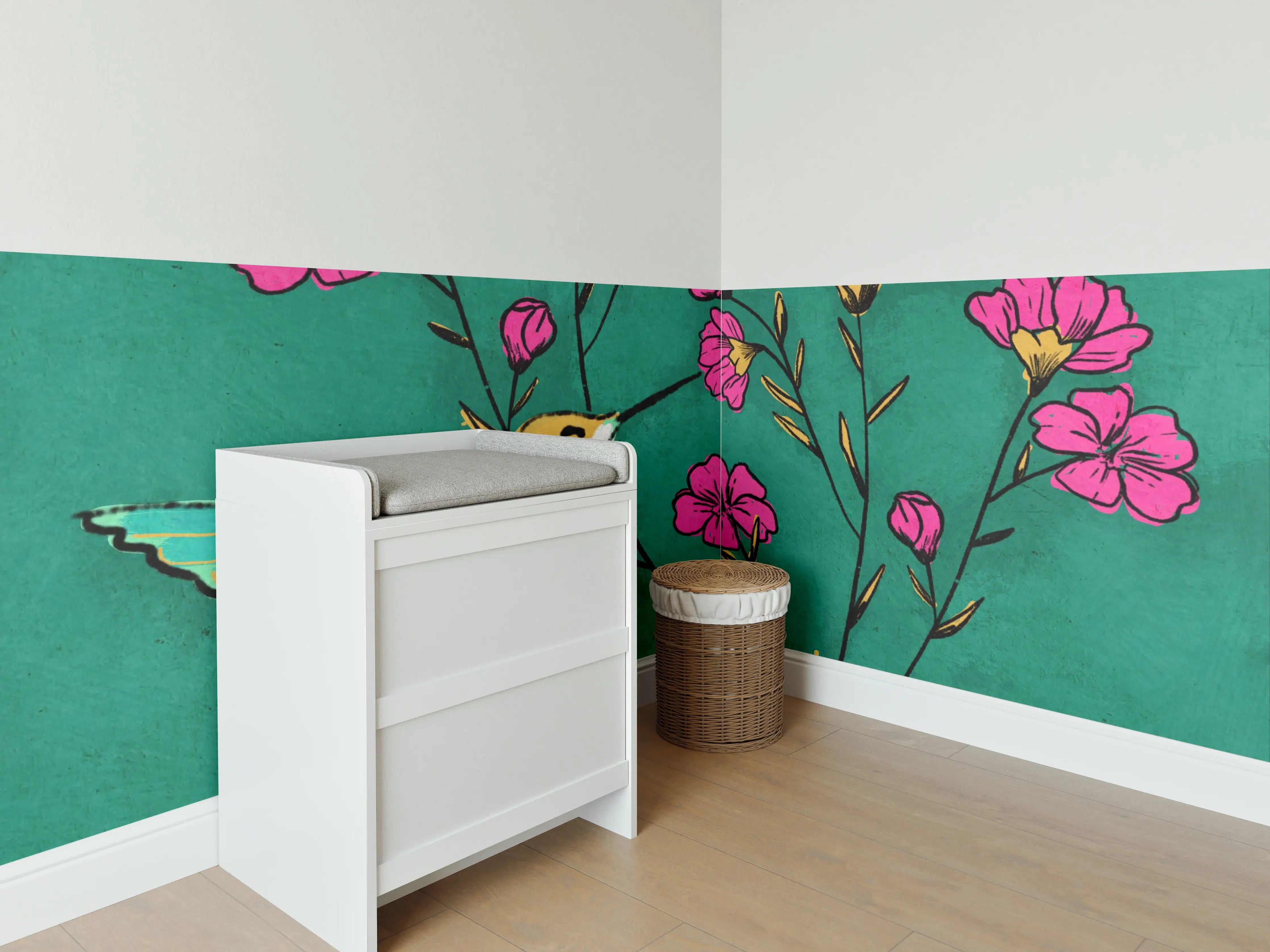 Babyzimmer Wandgestaltung - Hummingbird und Blumen in lebendigen Farben
