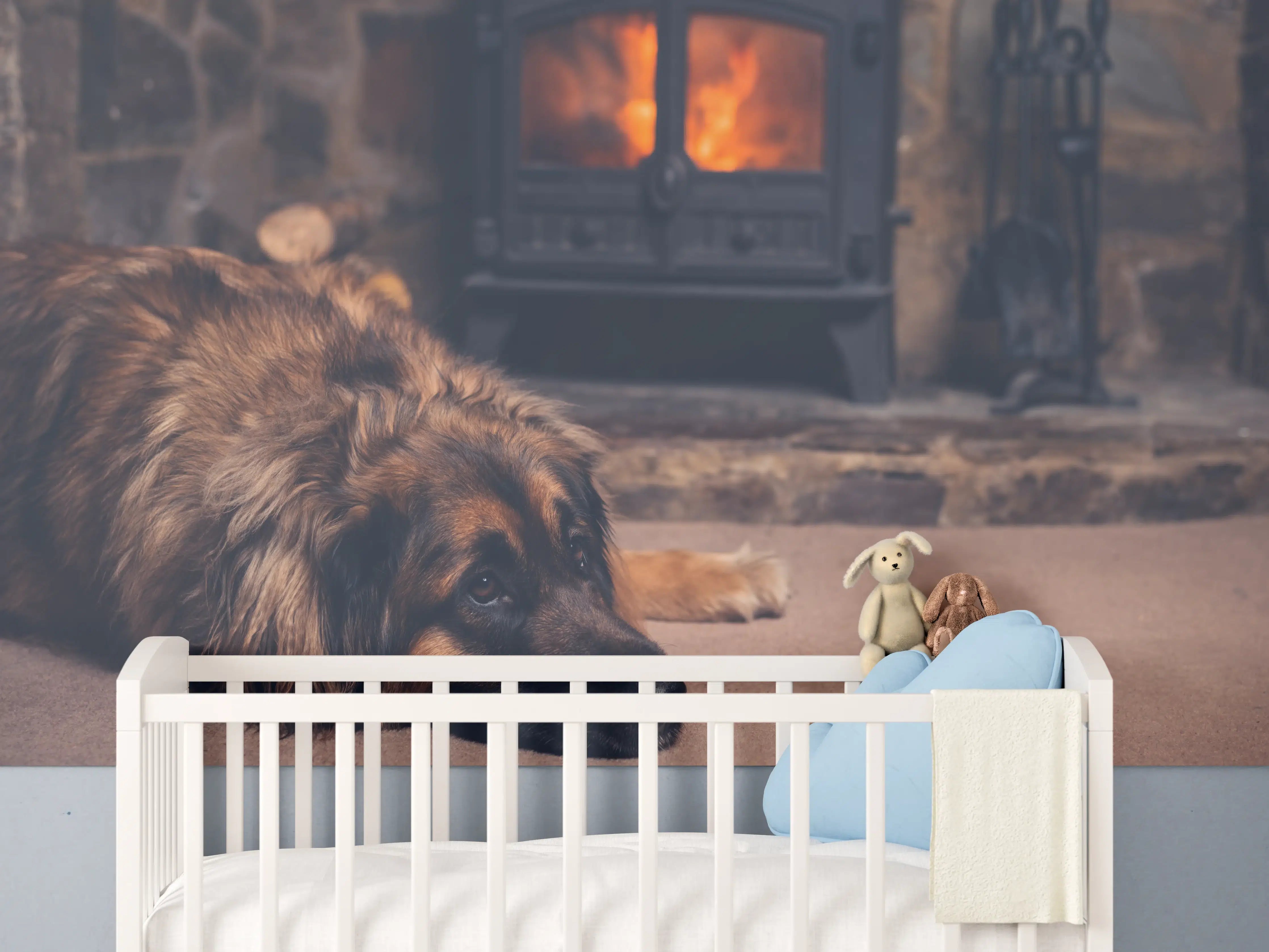 Babyzimmer Wandgestaltung - Hund entspannt am Feuer