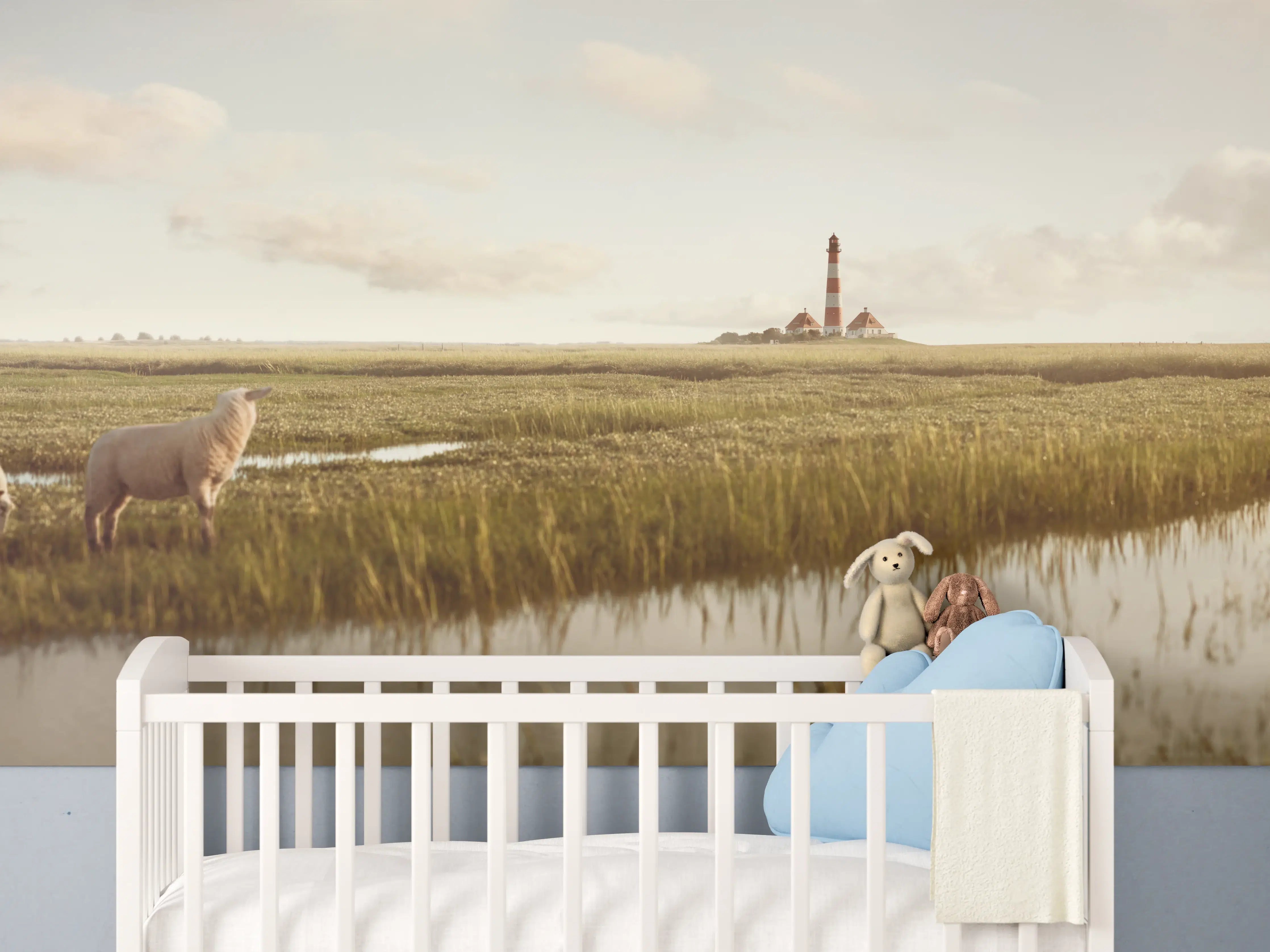 Babyzimmer Wandgestaltung - Idyllische Landschaft mit Leuchtturm und Schafen