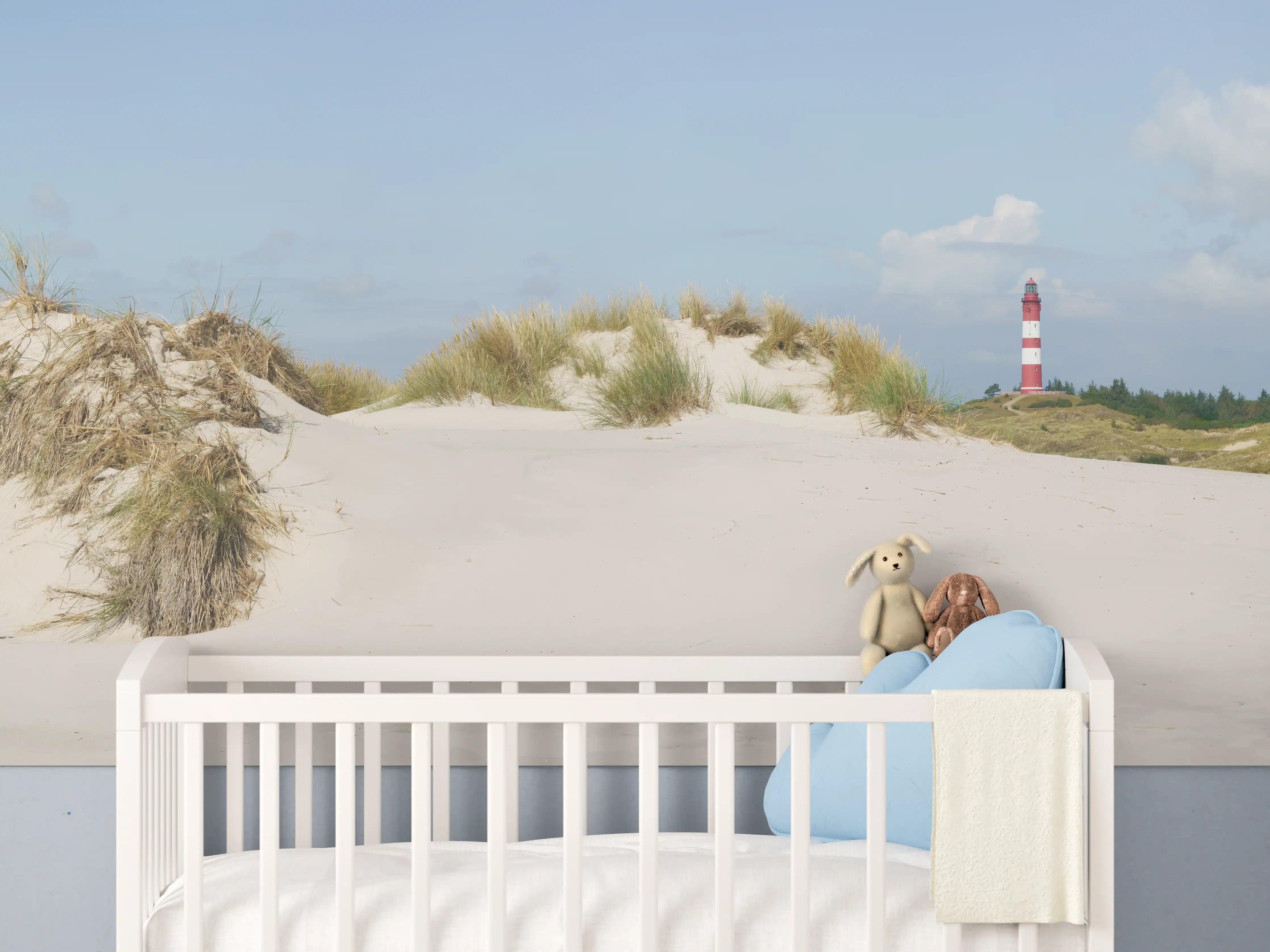 Babyzimmer Wandgestaltung - Idyllische Strandlandschaft mit Leuchtturm