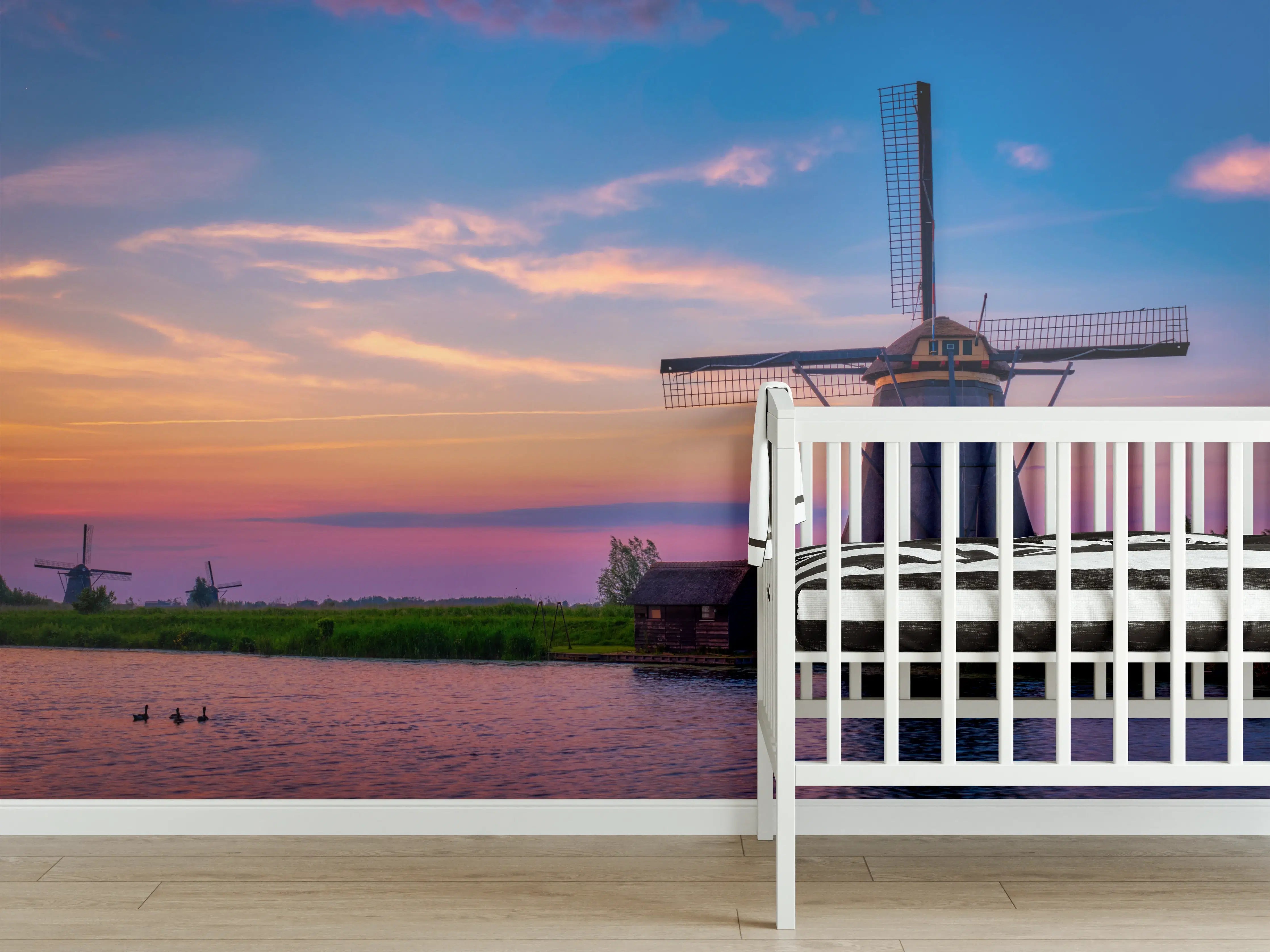 Babyzimmer Wandgestaltung - Idyllische Windmühlen in Kinderdijk
