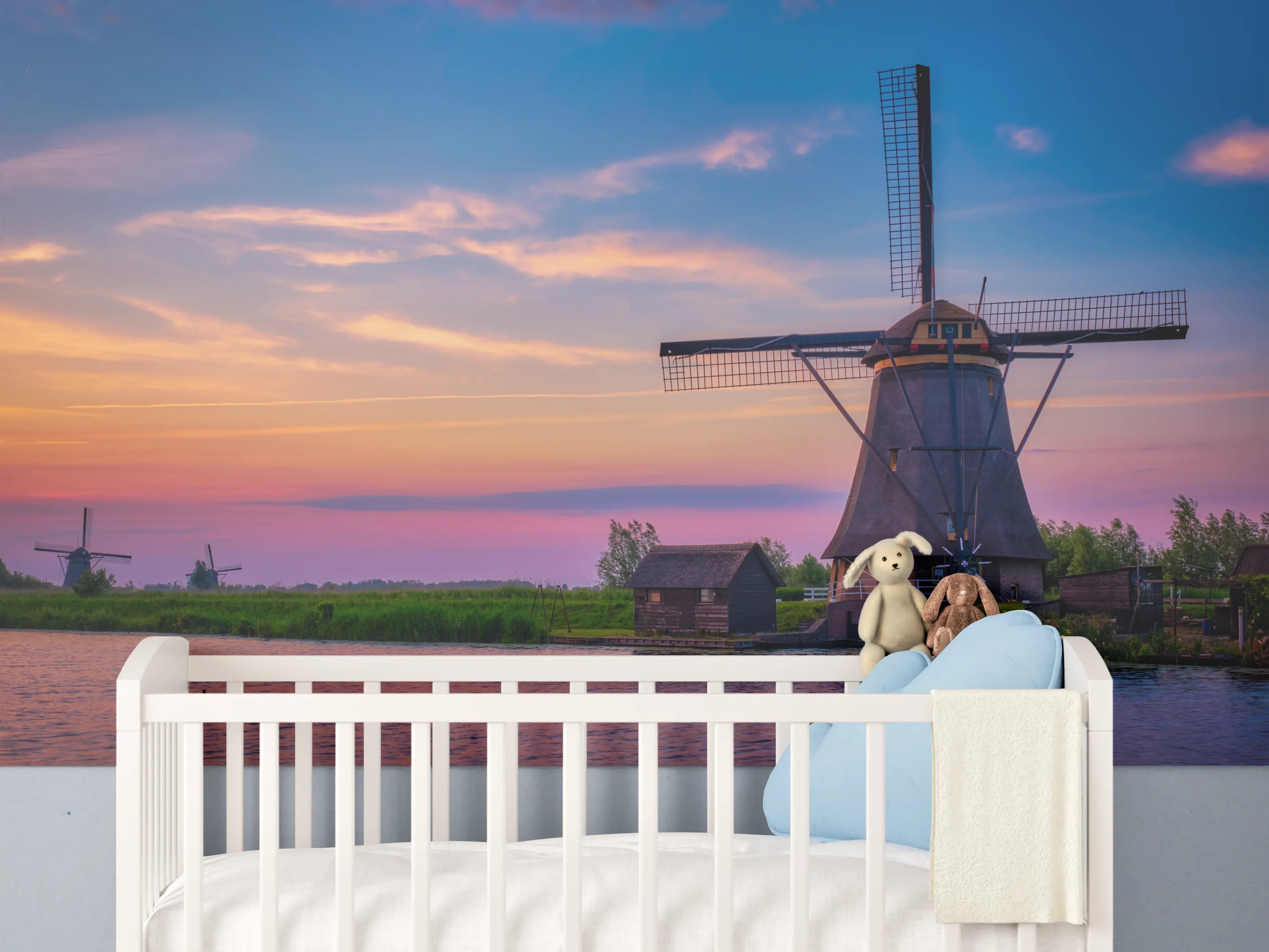 Babyzimmer Wandgestaltung - Idyllische Windmühlen in Kinderdijk