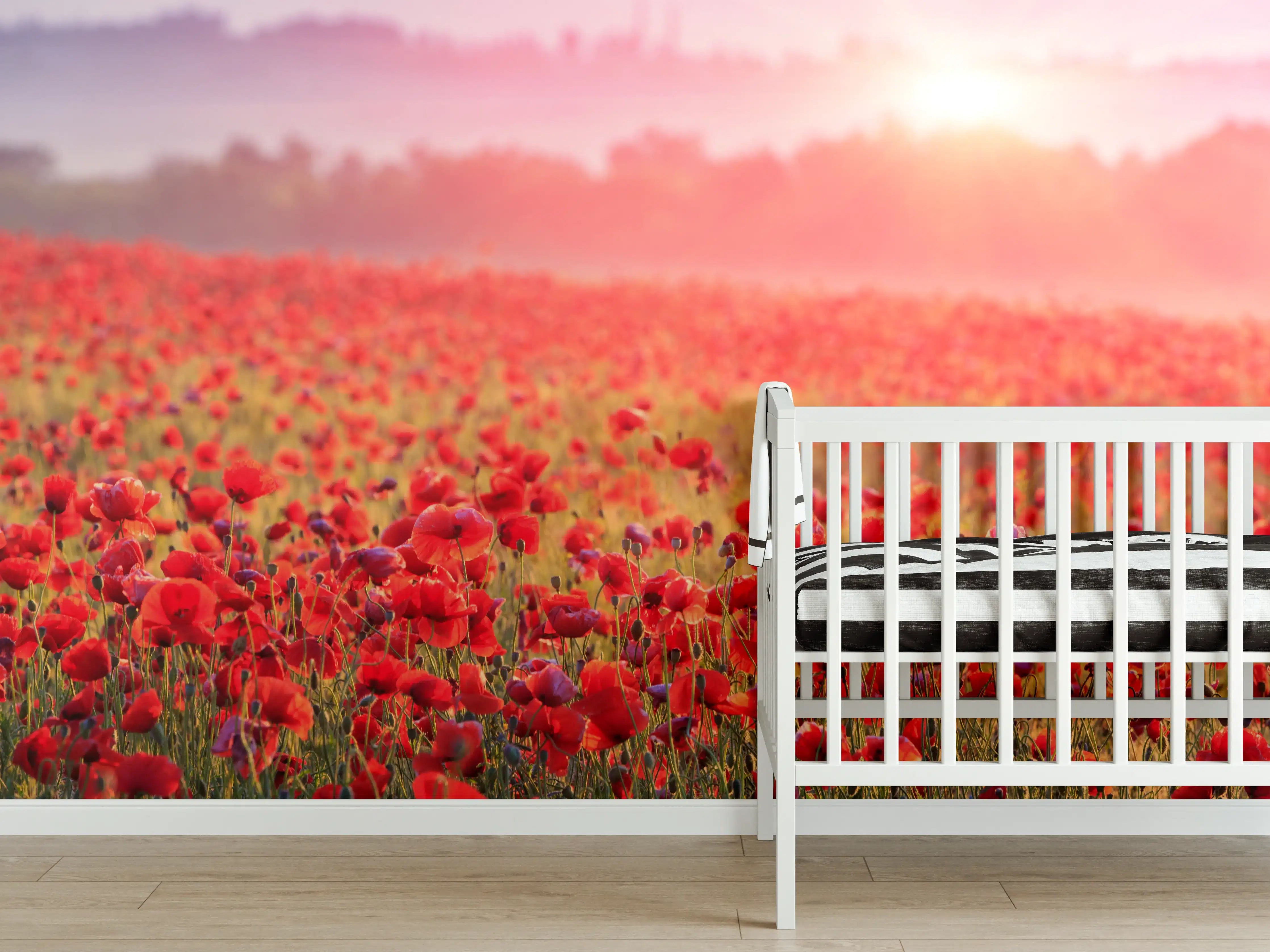 Babyzimmer Wandgestaltung - Idyllisches Mohnfeld bei Sonnenuntergang